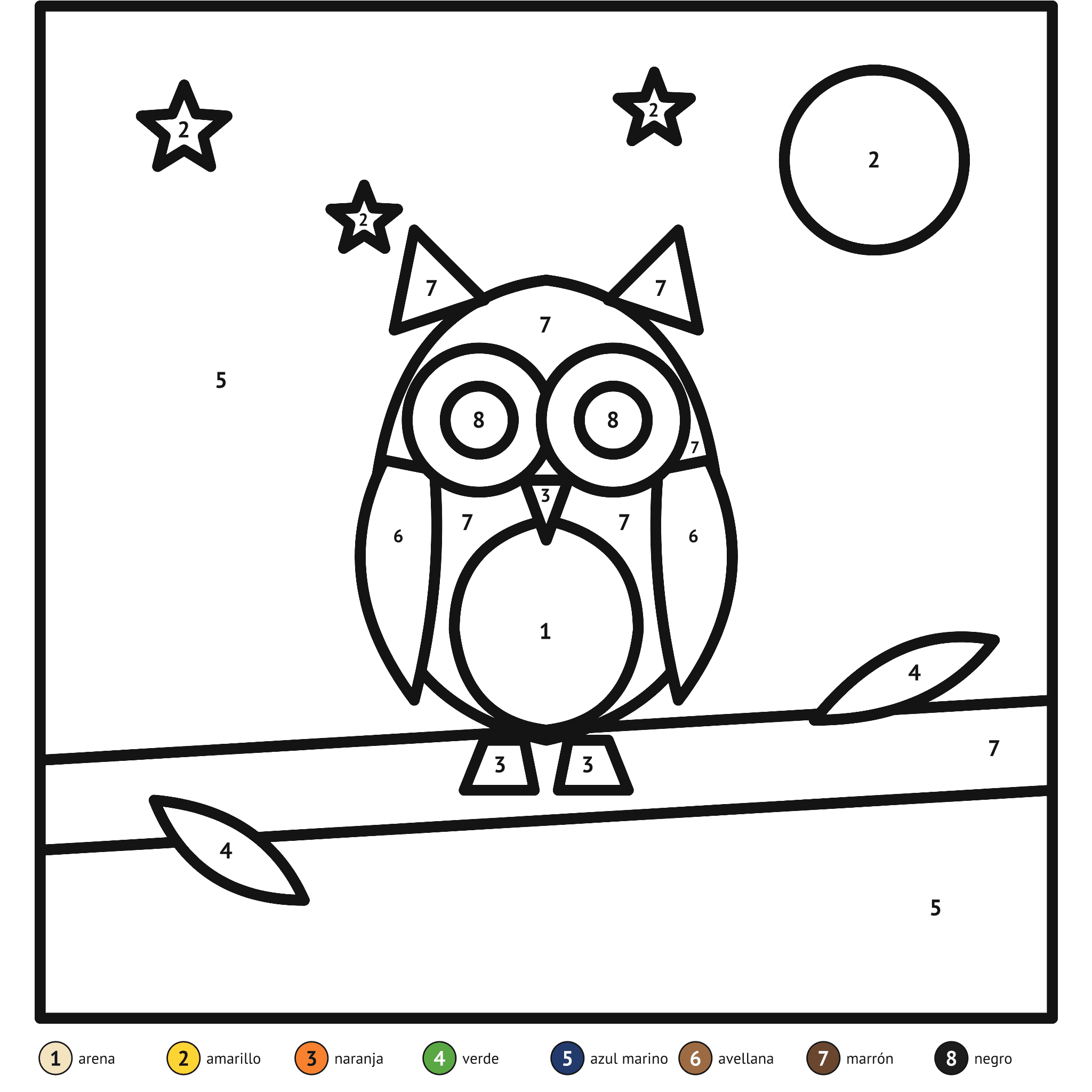 Ficha para colorear por números, el búho: zonas numeradas y leyenda de colores