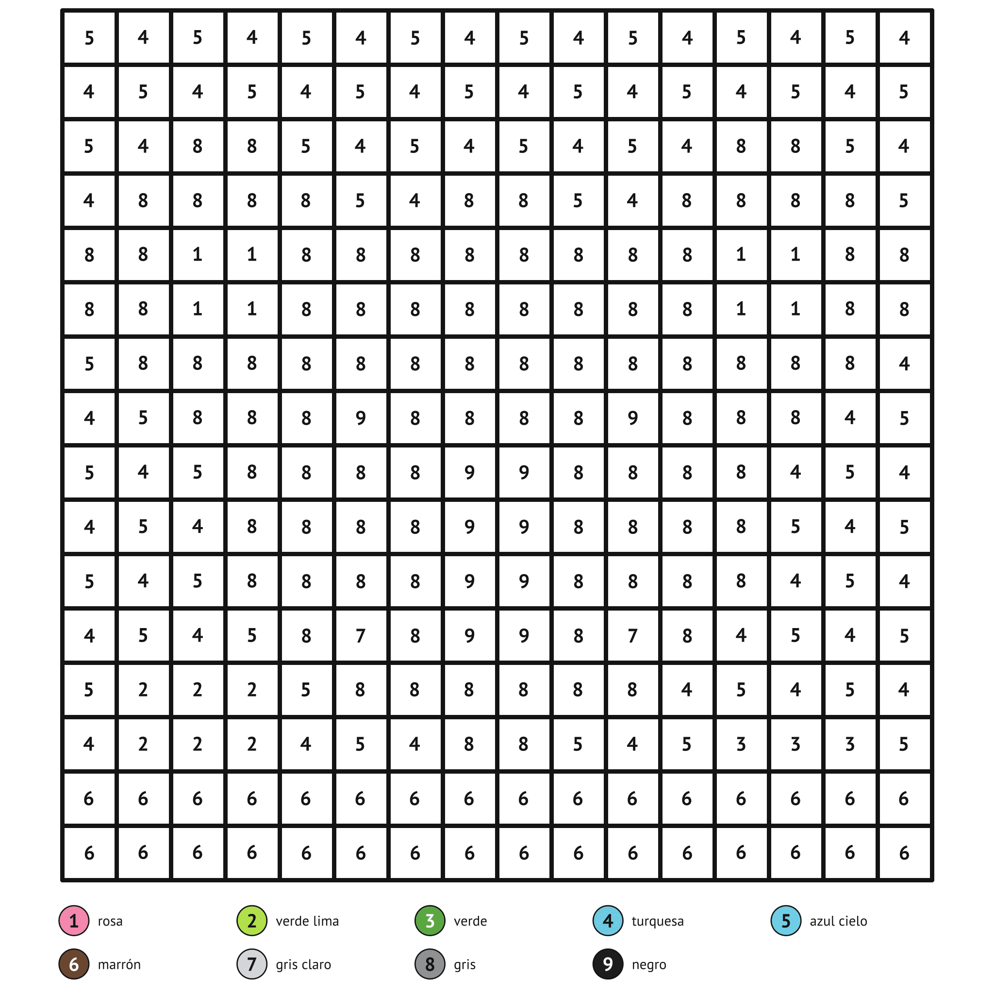 Ficha para colorear por números, el koala: zonas numeradas y leyenda de colores