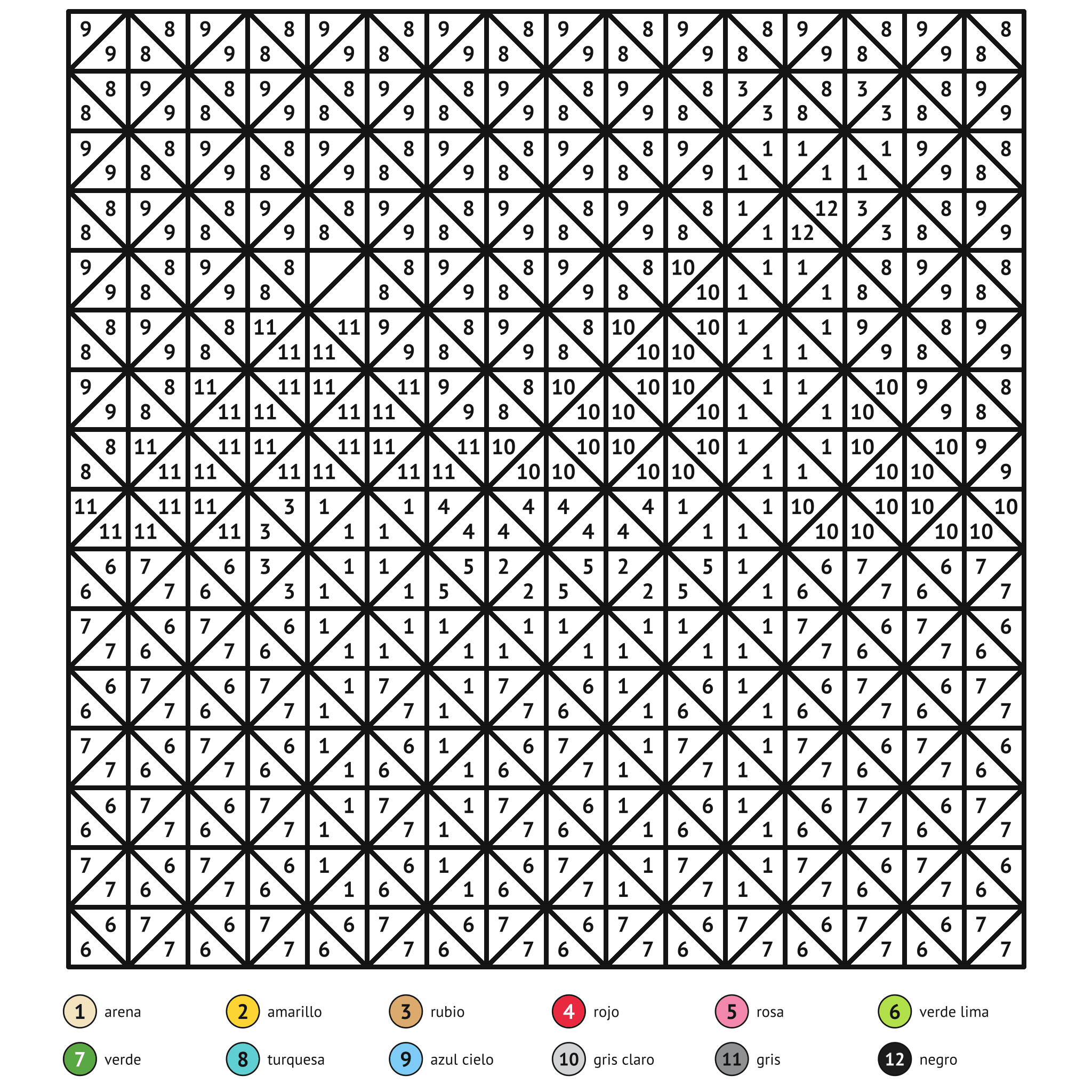 Ficha para colorear por números, la llama: zonas numeradas y leyenda de colores