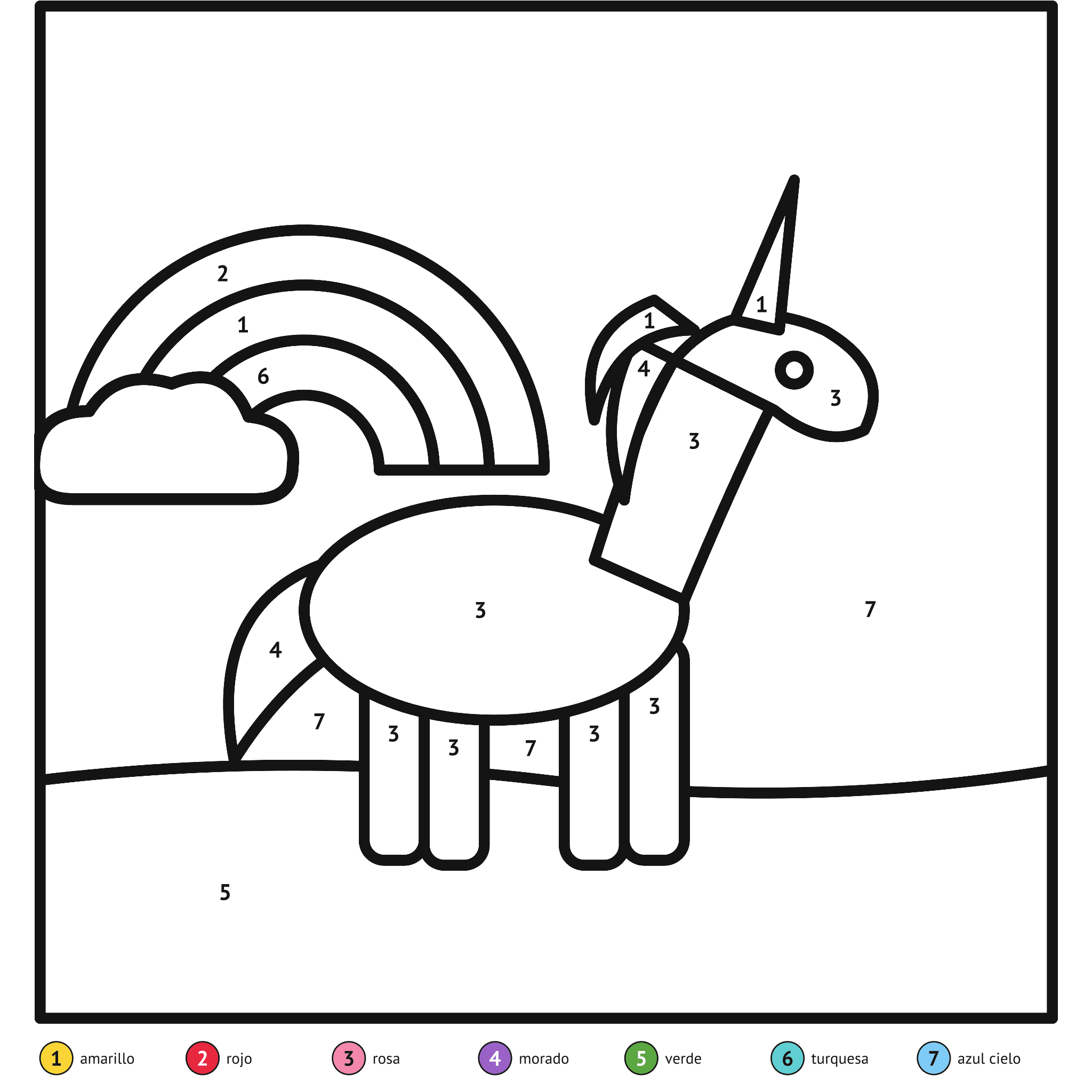 Ficha para colorear por números, el unicornio: zonas numeradas y leyenda de colores