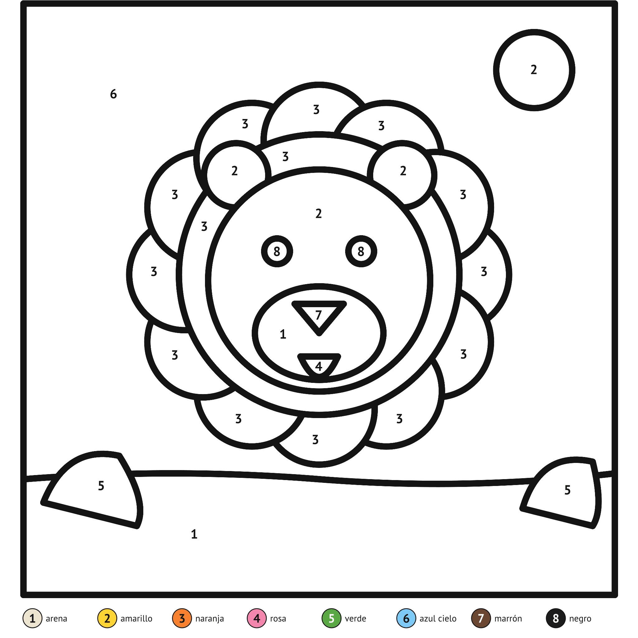 Ficha para colorear por números, el león: zonas numeradas y leyenda de colores