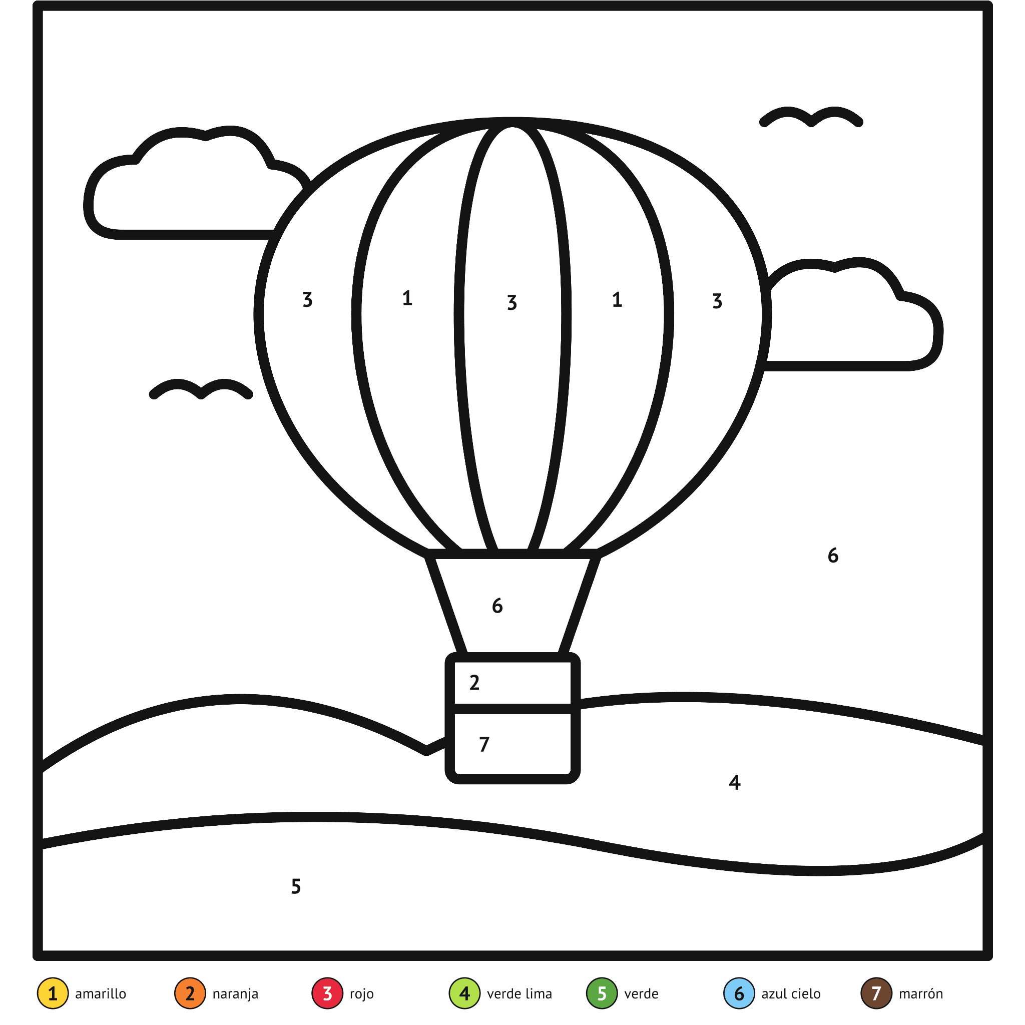 Ficha para colorear por números, el globo aerostático: zonas numeradas y leyenda de colores
