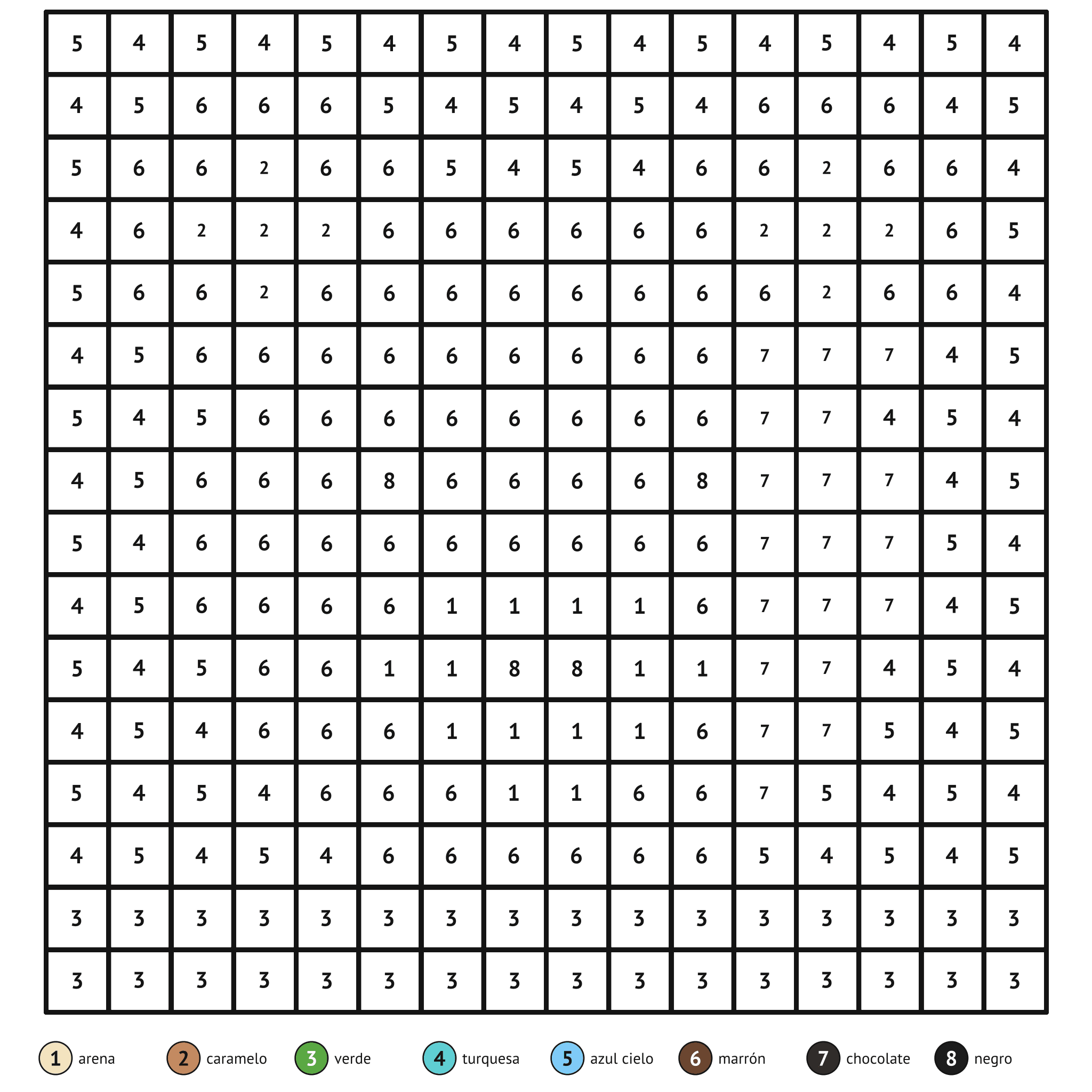 Ficha para colorear por números, el oso: zonas numeradas y leyenda de colores