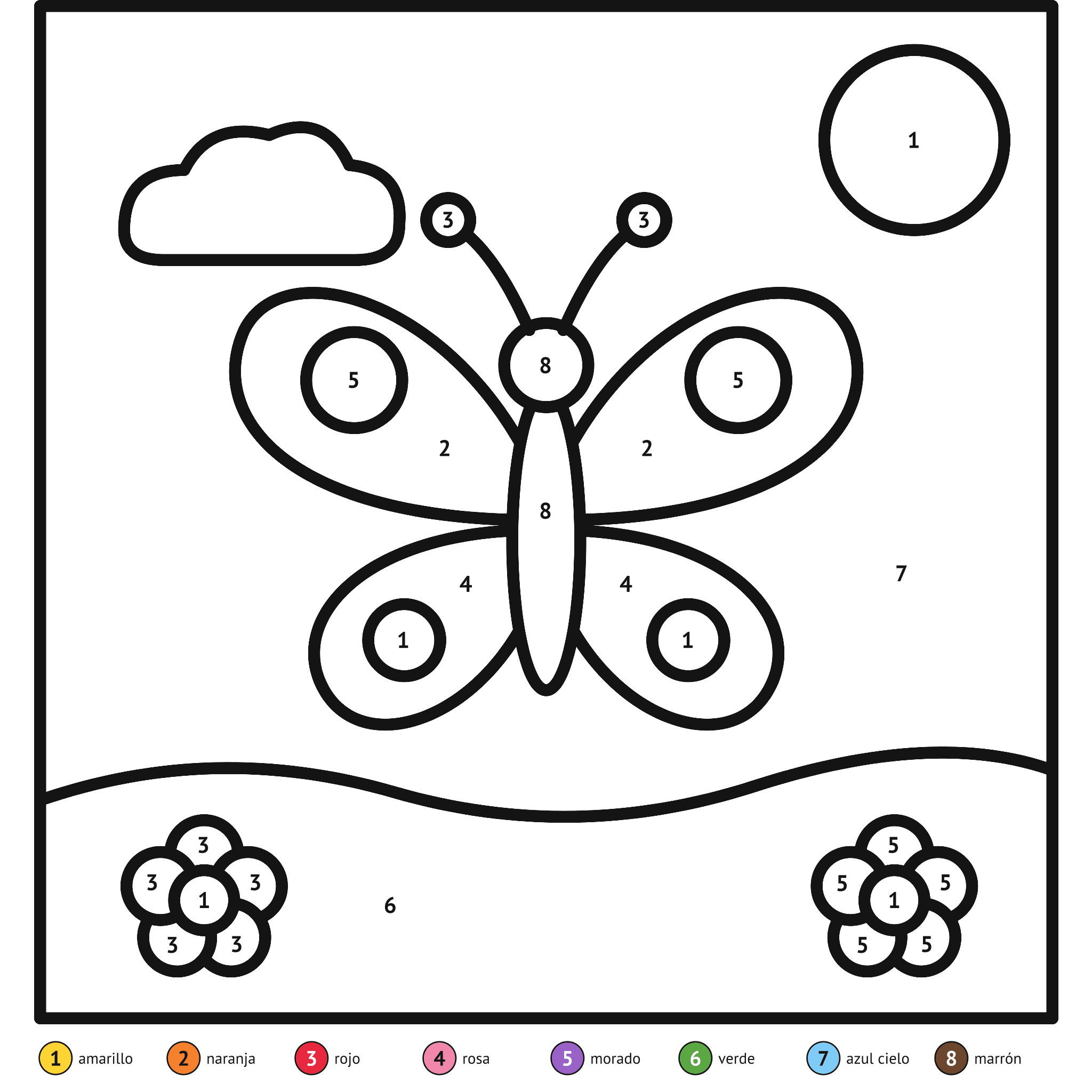 Ficha para colorear por números, la mariposa: zonas numeradas y leyenda de colores