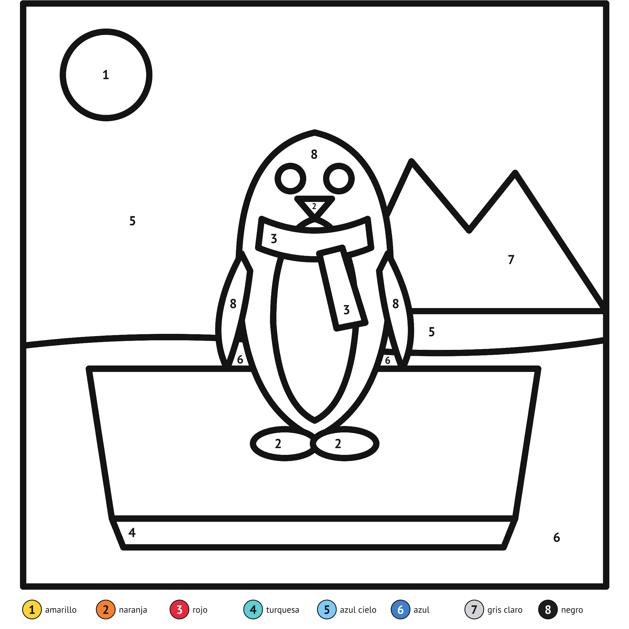 Ficha para colorear por números, el pingüino: zonas numeradas y leyenda de colores