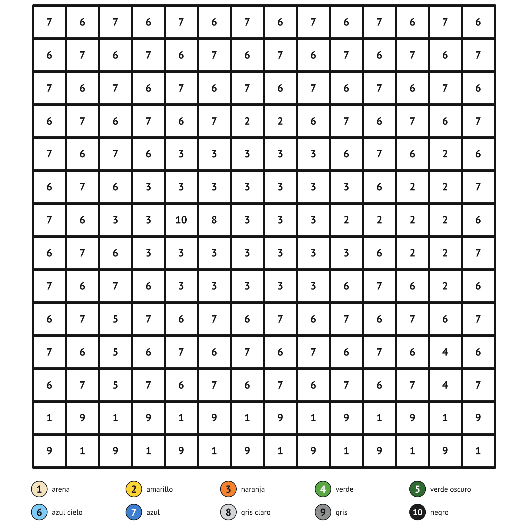Ficha para colorear por números, el pez dorado: zonas numeradas y leyenda de colores