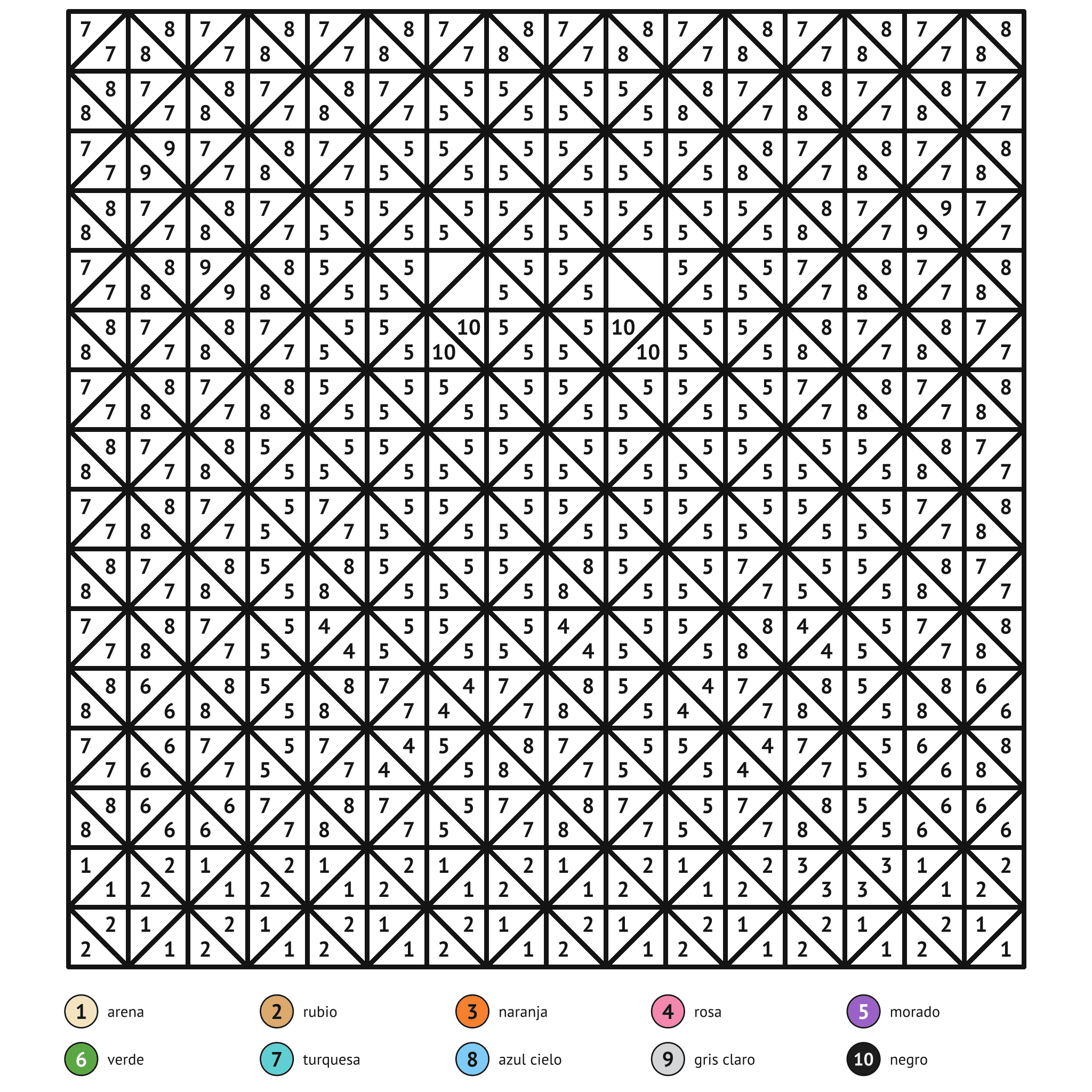 Ficha para colorear por números, el pulpo: zonas numeradas y leyenda de colores