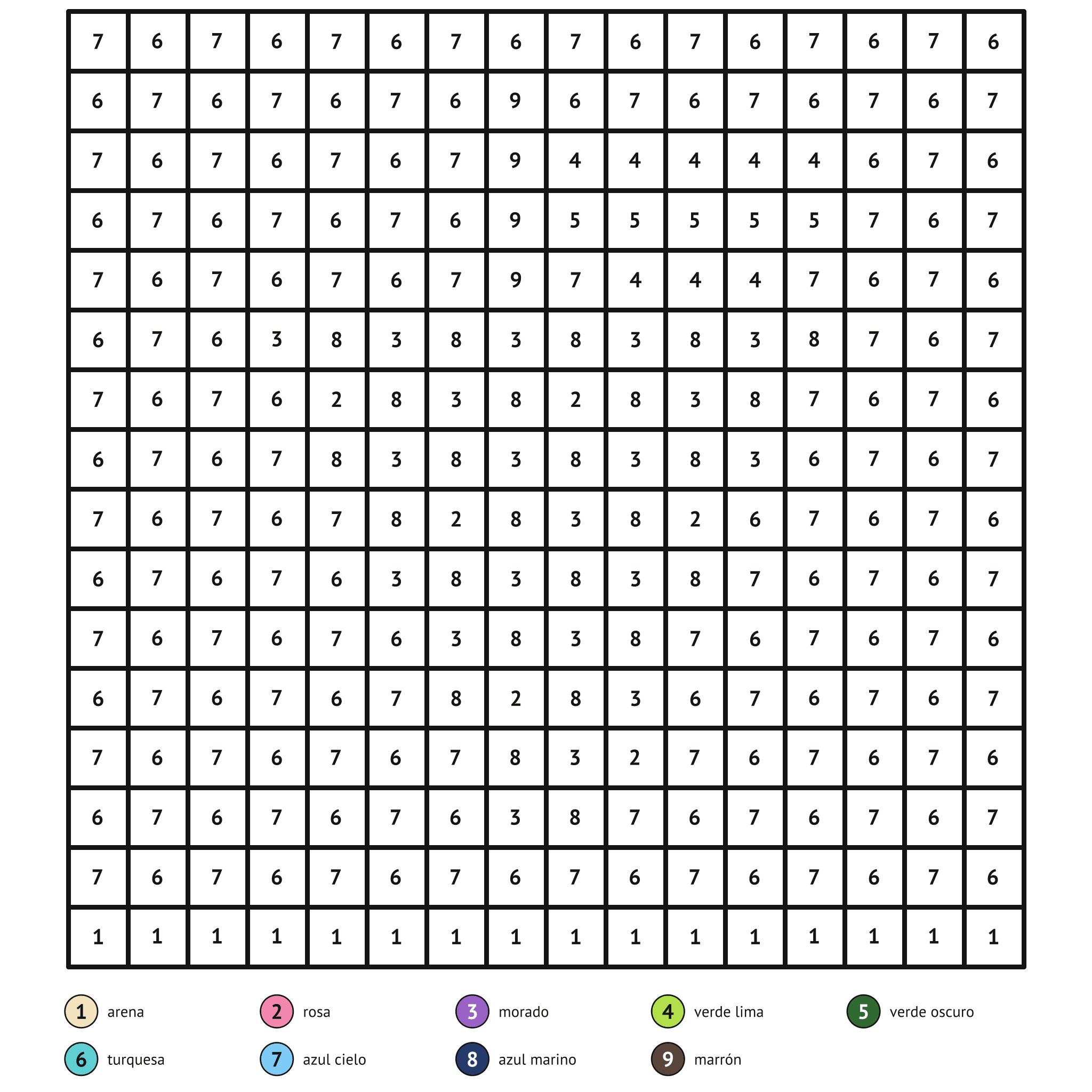 Ficha para colorear por números, las uvas: zonas numeradas y leyenda de colores