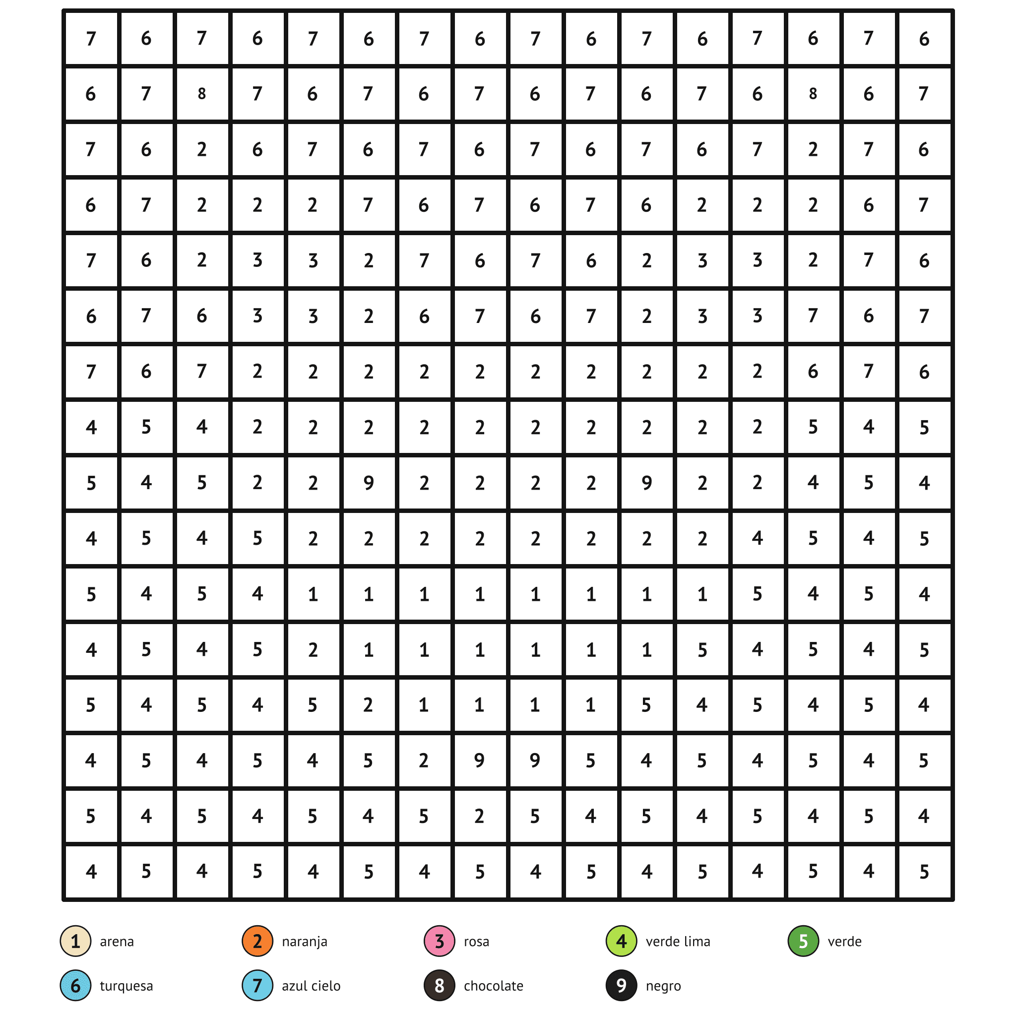 Ficha para colorear por números, el zorro: zonas numeradas y leyenda de colores
