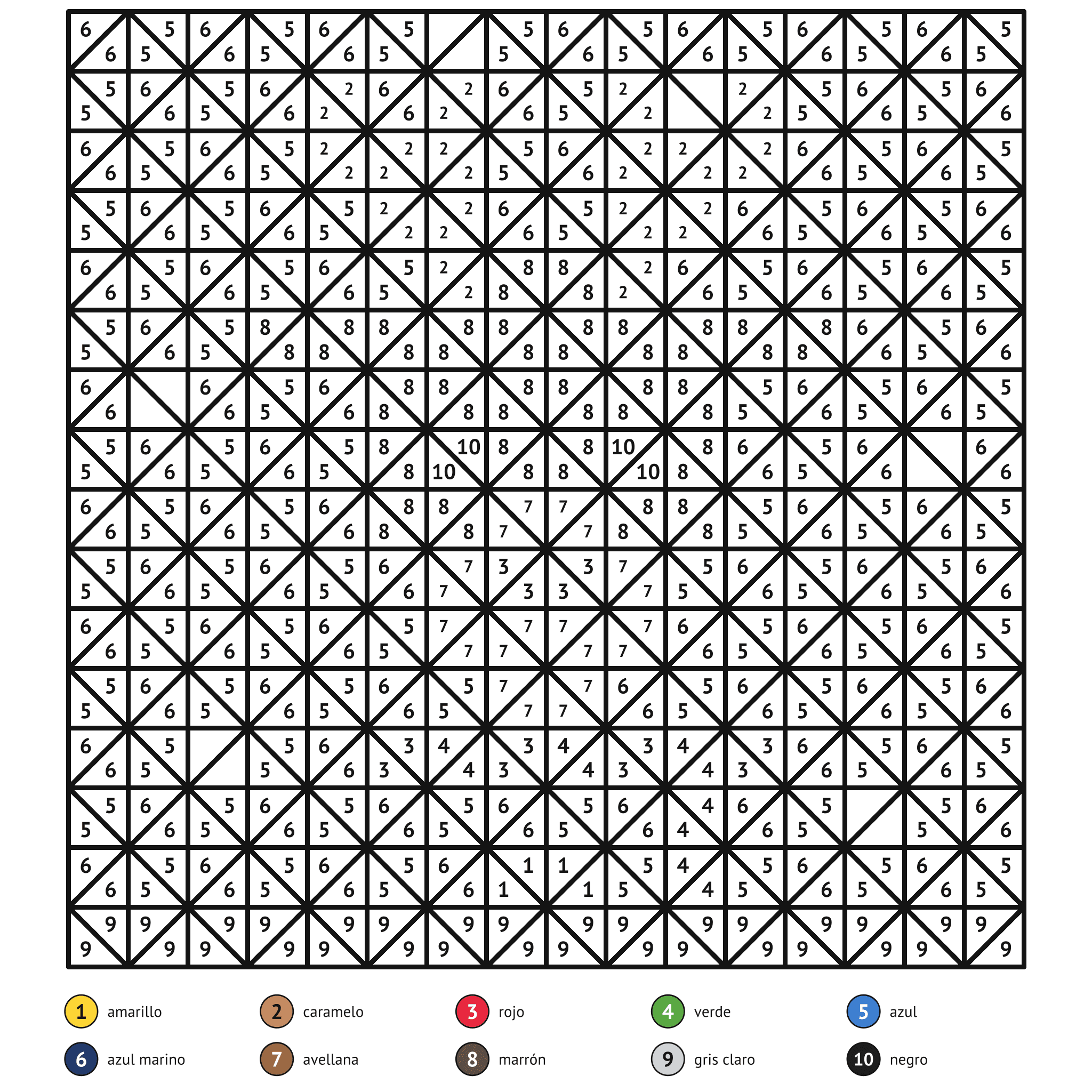 Ficha para colorear por números, el reno: zonas numeradas y leyenda de colores