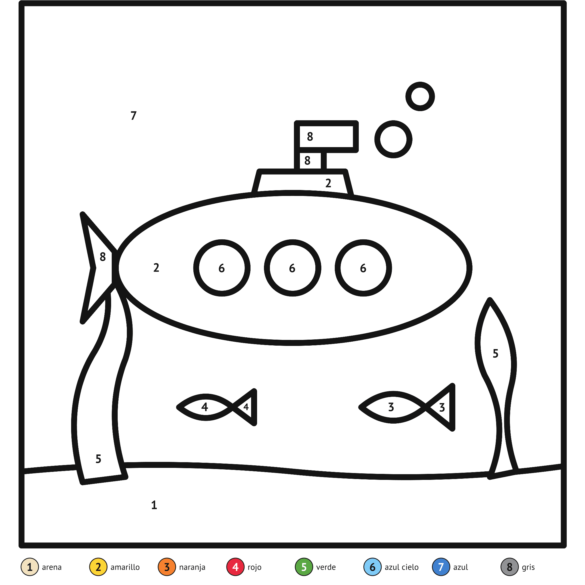 Ficha para colorear por números, el submarino: zonas numeradas y leyenda de colores