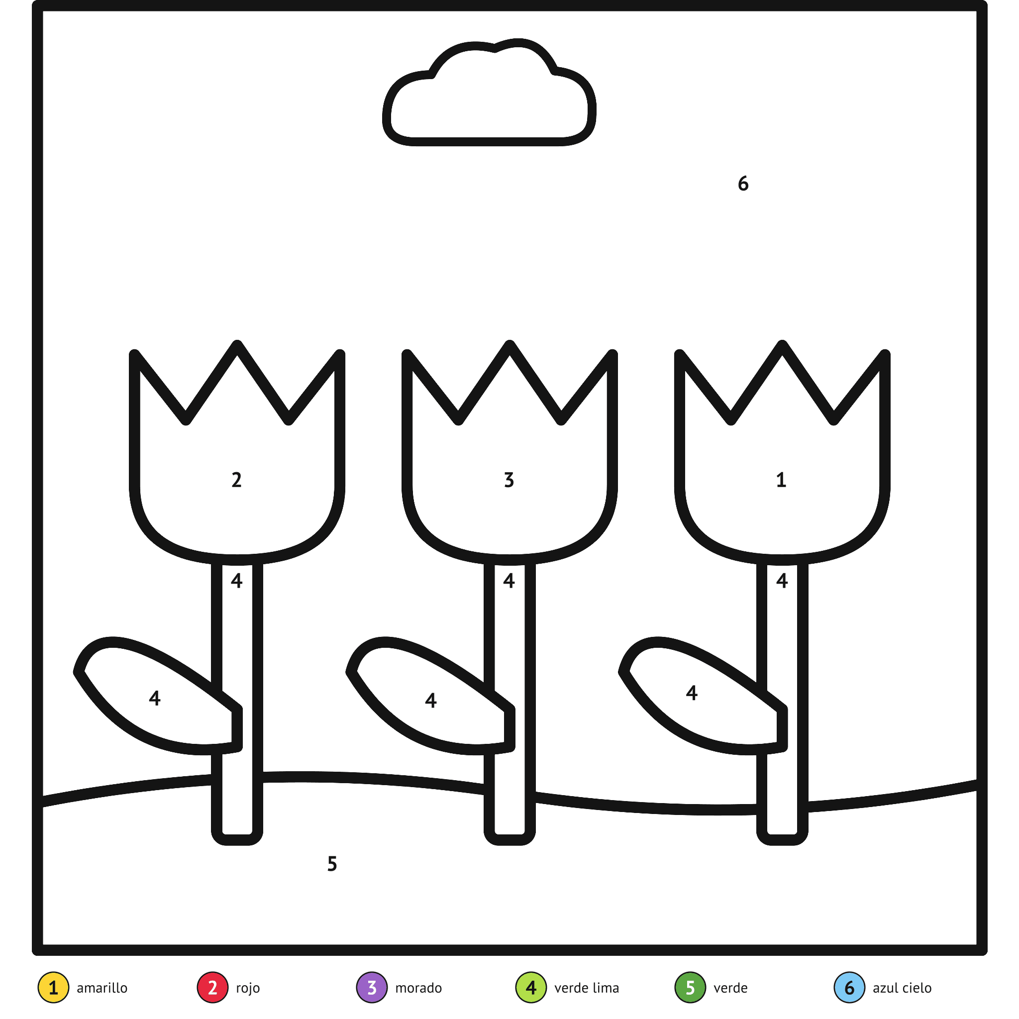 Ficha para colorear por números, los tulipanes: zonas numeradas y leyenda de colores