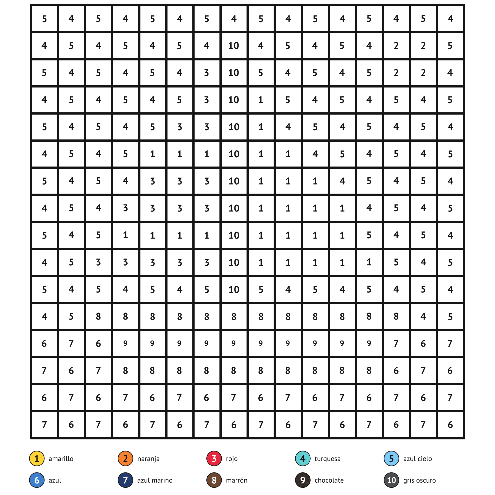 Ficha para colorear por números, el velero: zonas numeradas y leyenda de colores