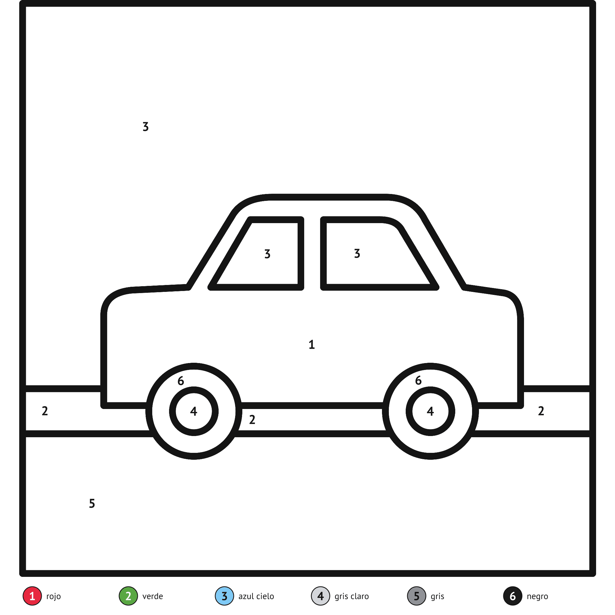 Ficha para colorear por números, el coche: zonas numeradas y leyenda de colores