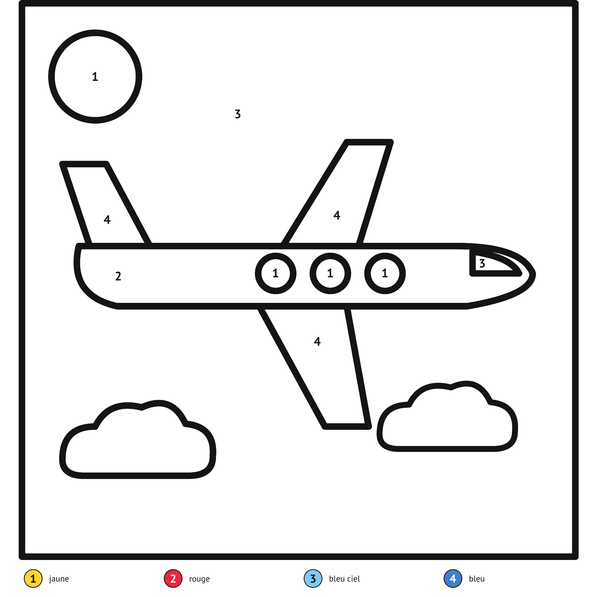 Coloriage magique à imprimer, l'avion : zones numérotées et légende de couleurs