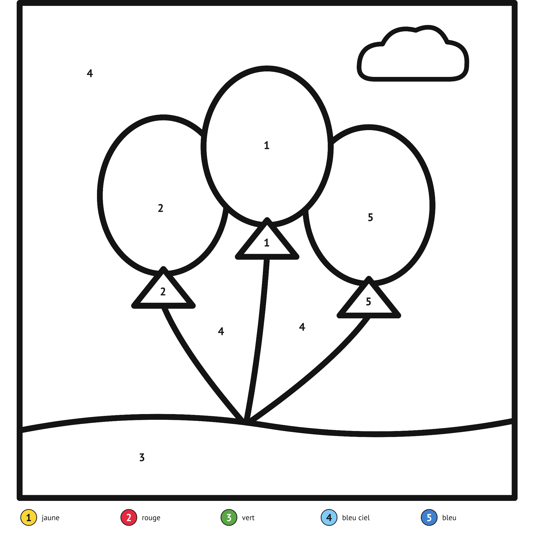 Coloriage magique à imprimer, le ballon : zones numérotées et légende de couleurs