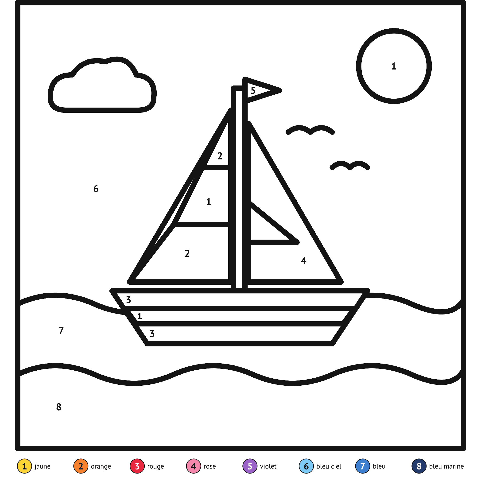 Coloriage magique à imprimer, le bateau : zones numérotées et légende de couleurs