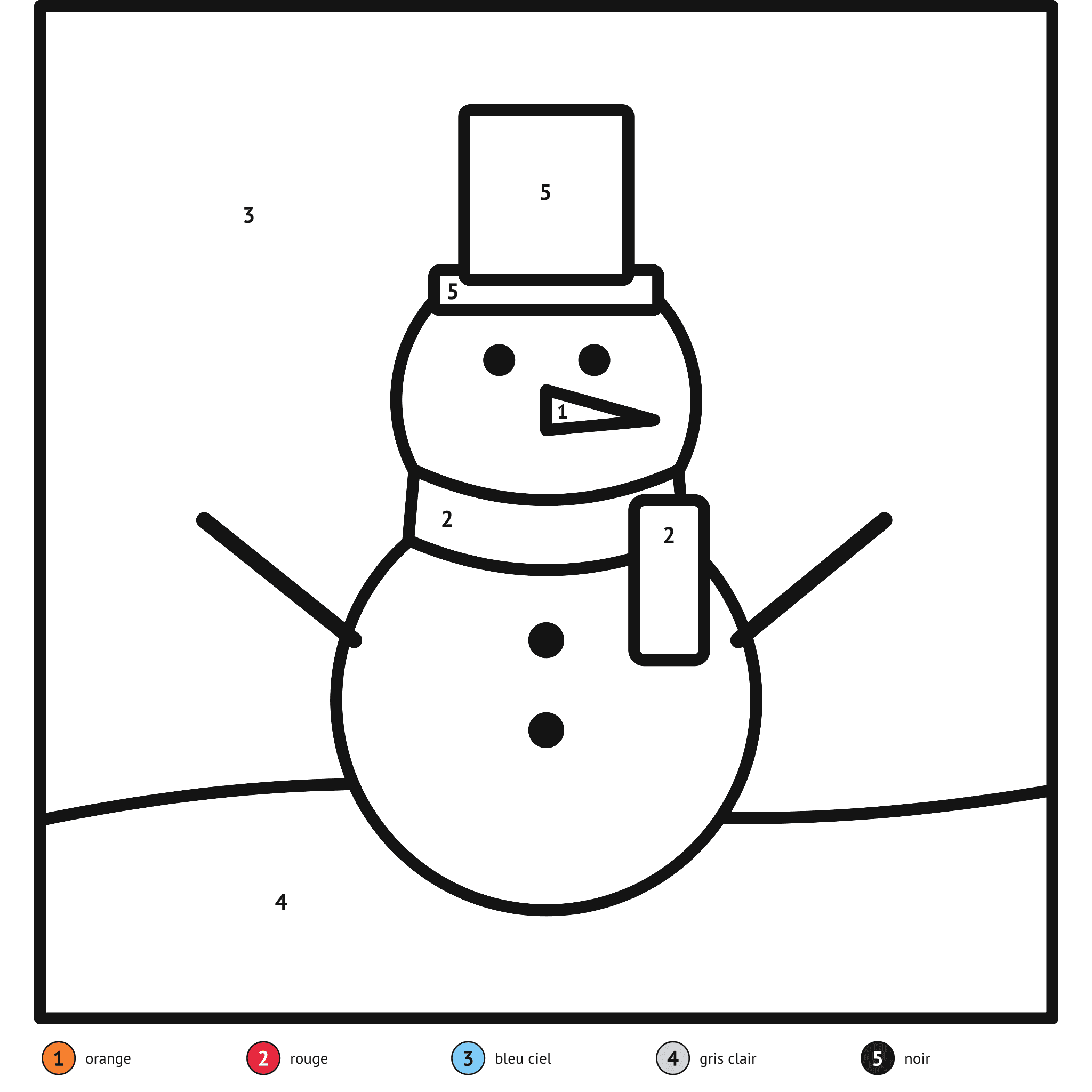 Coloriage magique à imprimer, le bonhomme de neige : zones numérotées et légende de couleurs