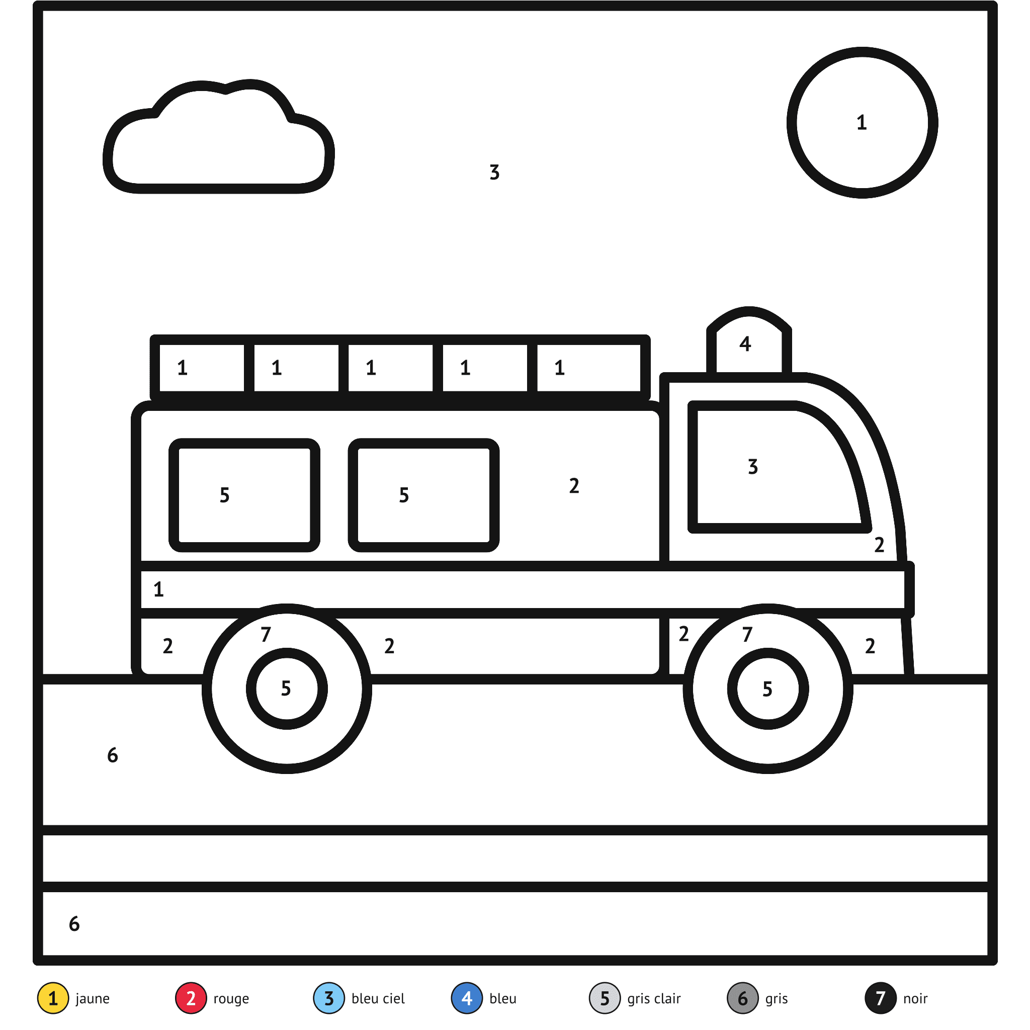 Coloriage magique à imprimer, le camion de pompiers : zones numérotées et légende de couleurs