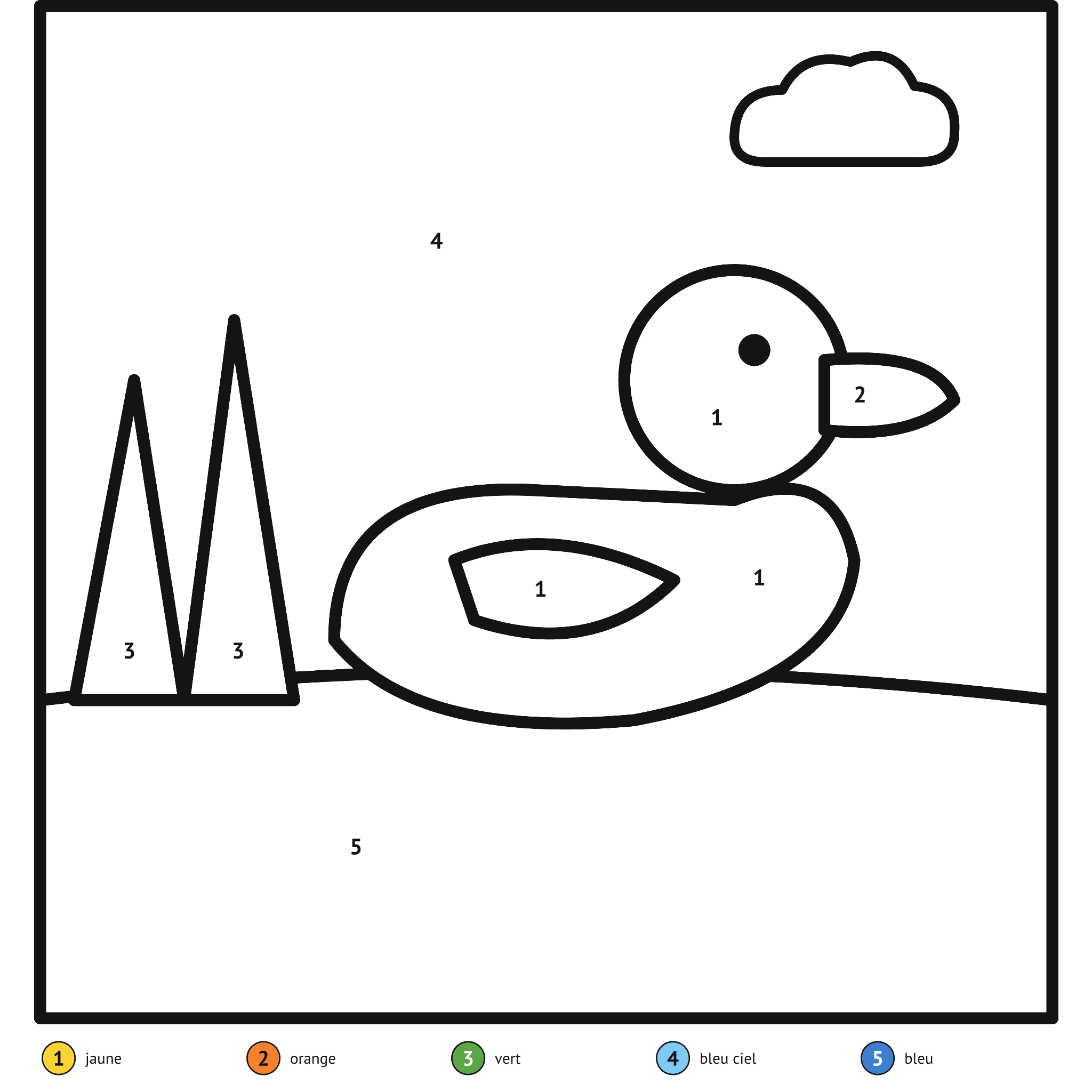Coloriage magique à imprimer, le canard : zones numérotées et légende de couleurs