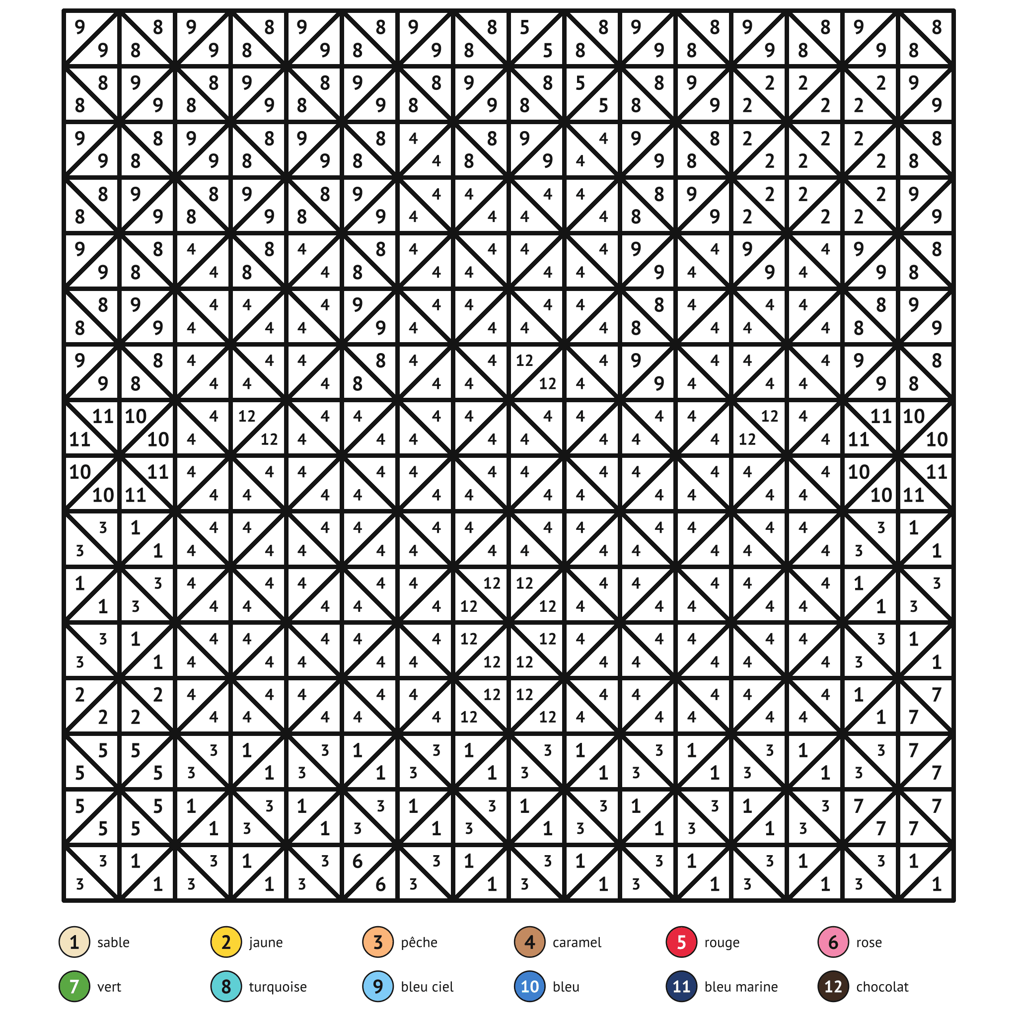 Coloriage magique à imprimer, le château de sable : zones numérotées et légende de couleurs