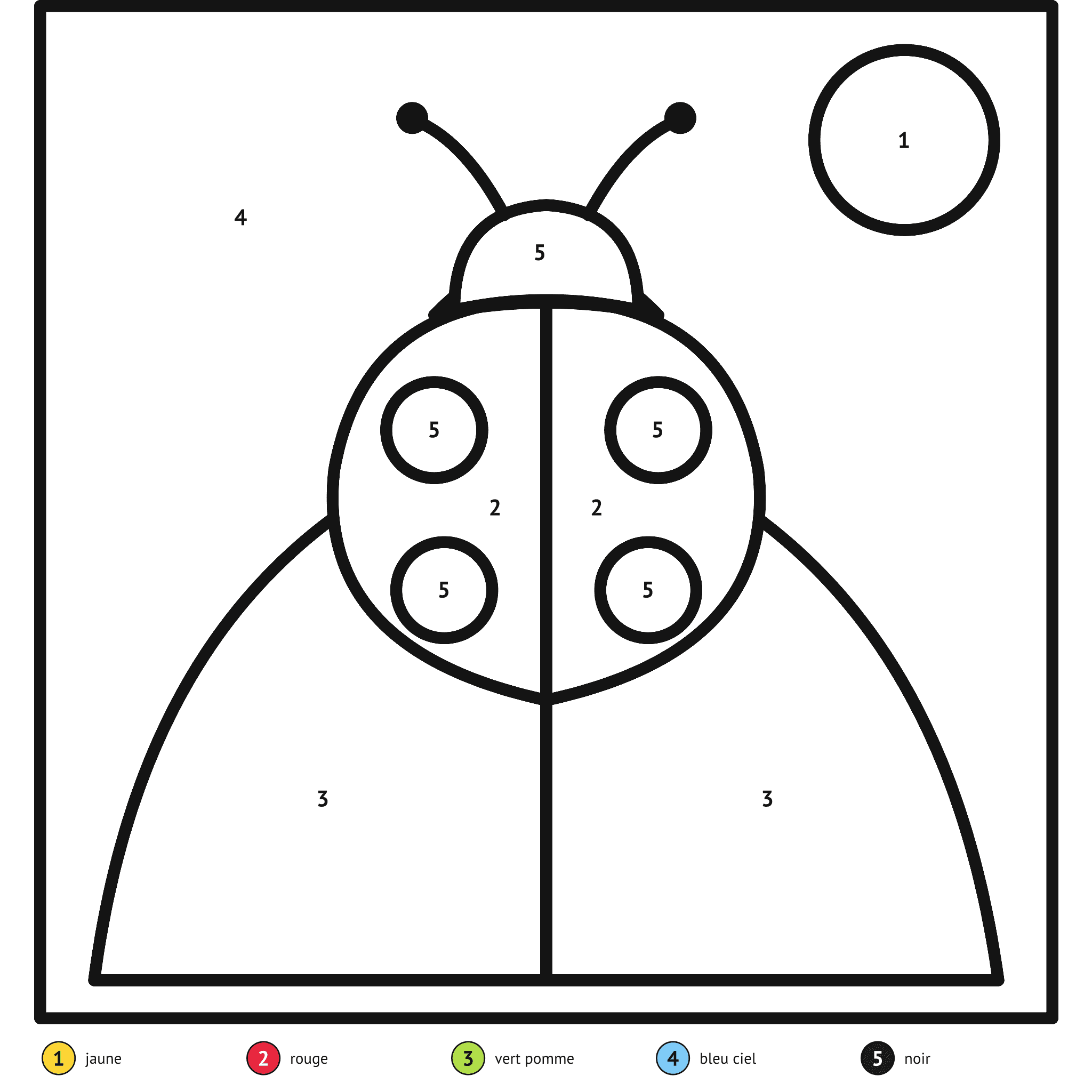 Coloriage magique à imprimer, la coccinelle : zones numérotées et légende de couleurs