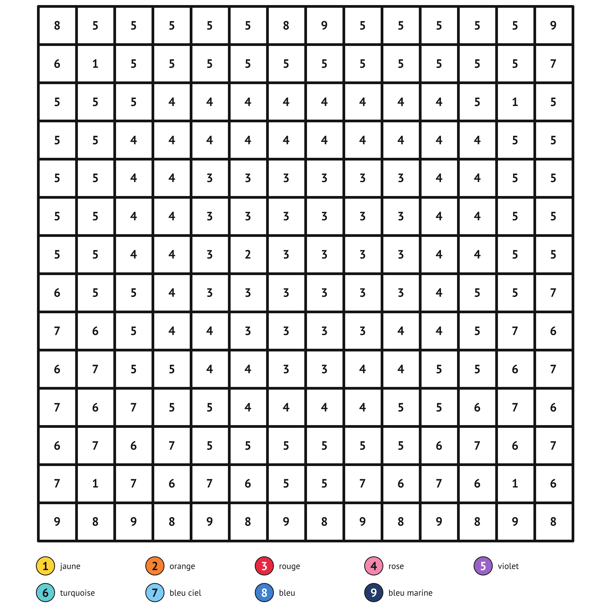 Coloriage magique à imprimer, le cœur : zones numérotées et légende de couleurs