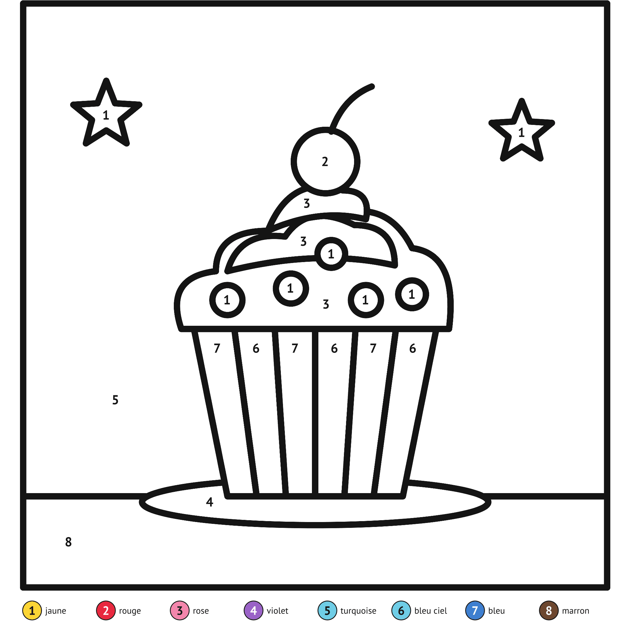Coloriage magique à imprimer, le cupcake : zones numérotées et légende de couleurs
