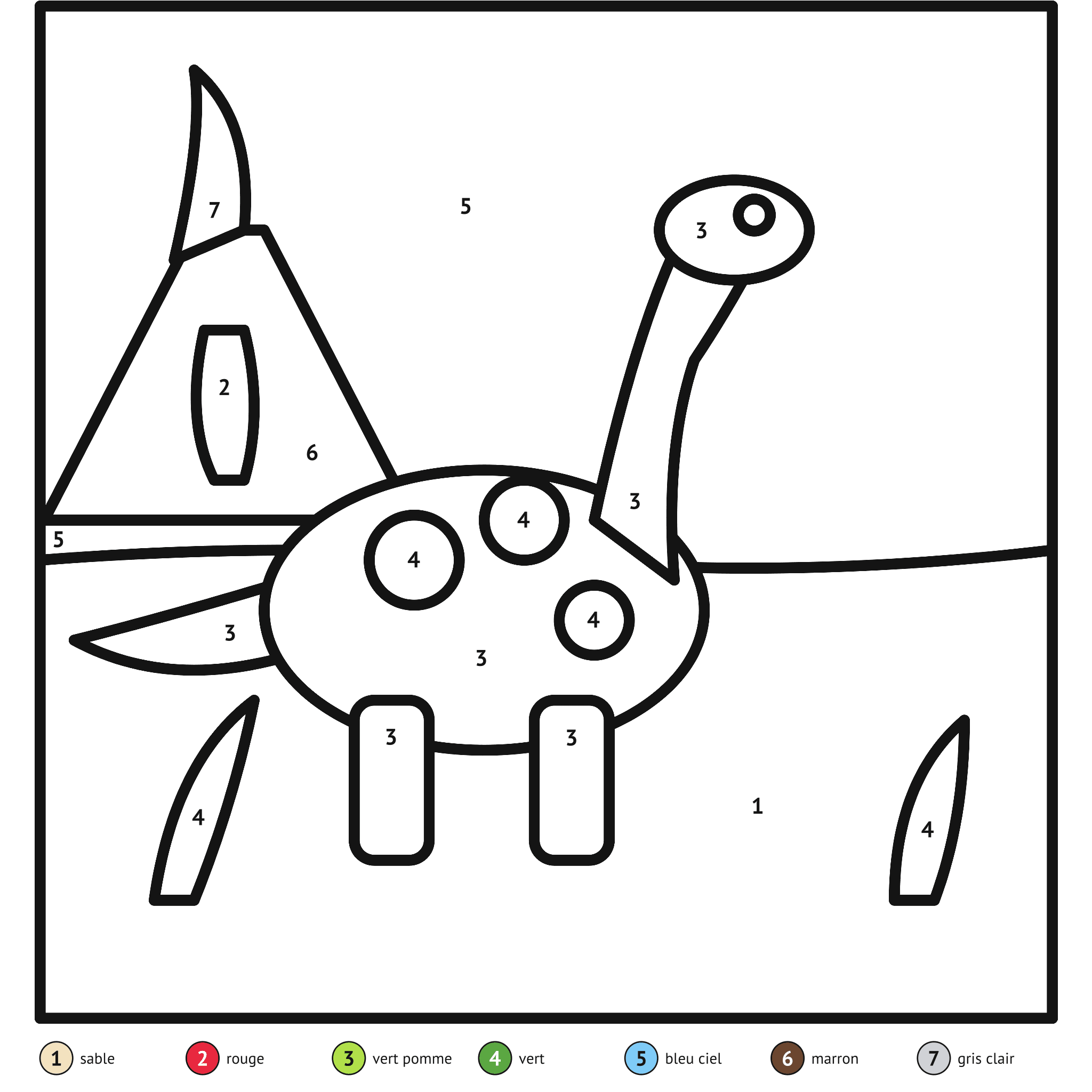 Coloriage magique à imprimer, le dinosaure : zones numérotées et légende de couleurs