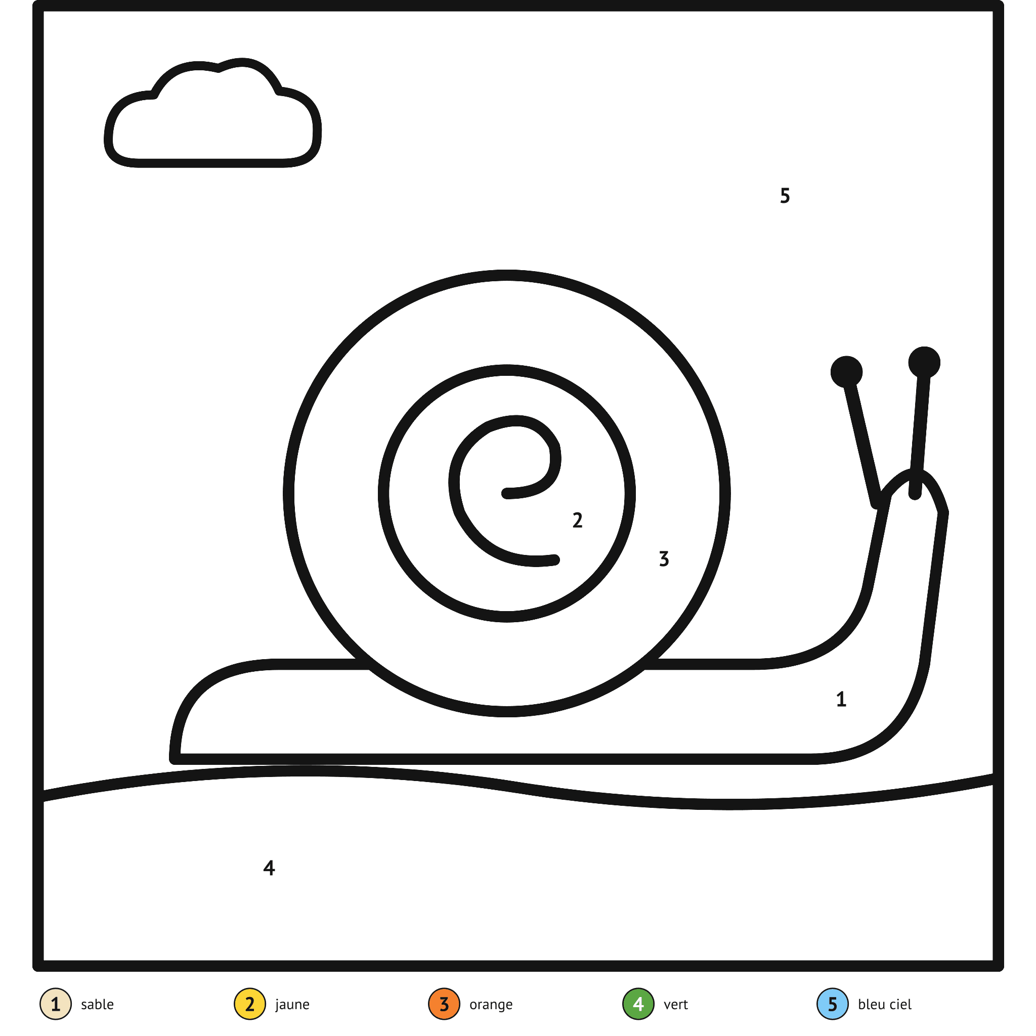 Coloriage magique à imprimer, l'escargot : zones numérotées et légende de couleurs