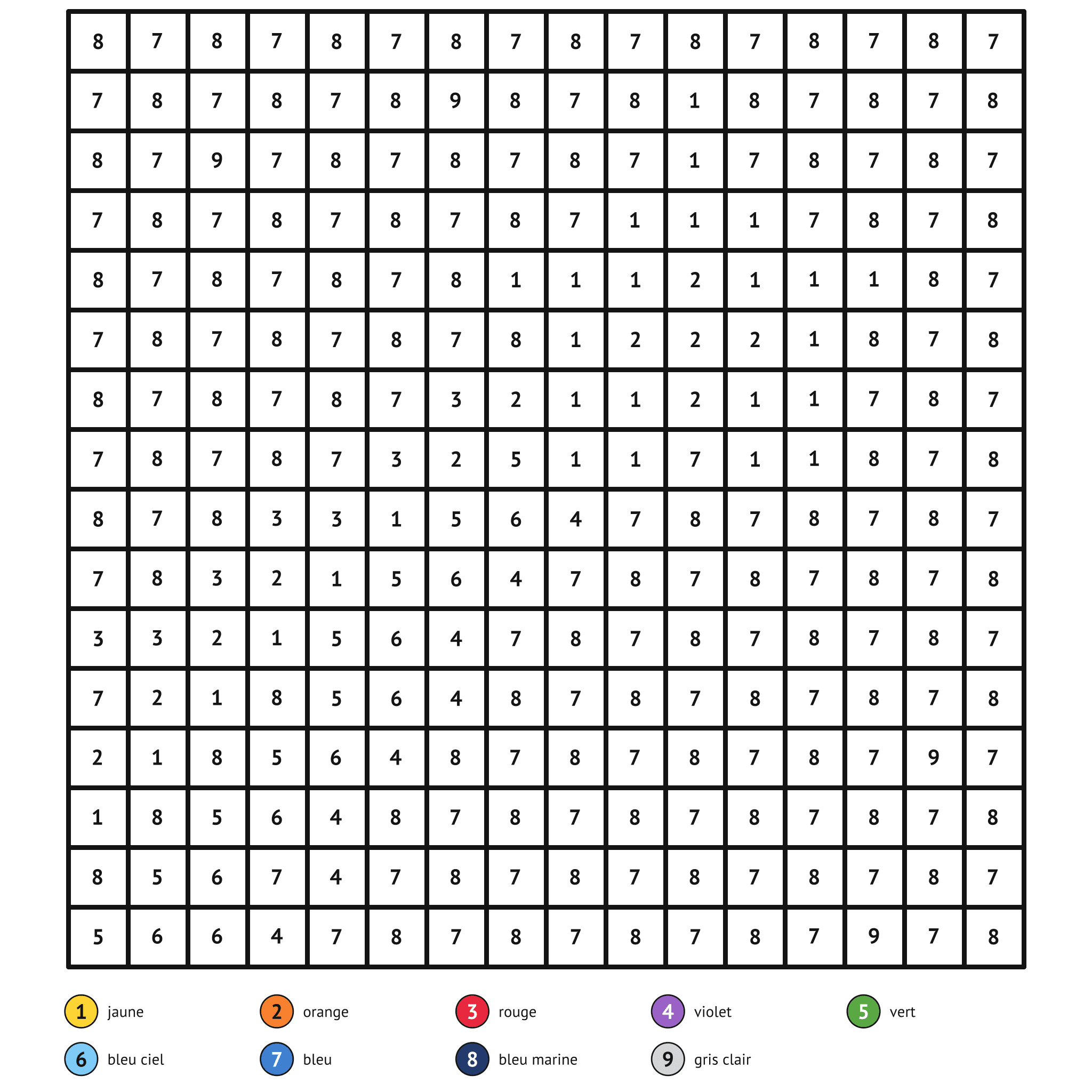 Coloriage magique à imprimer, l'étoile filante : zones numérotées et légende de couleurs