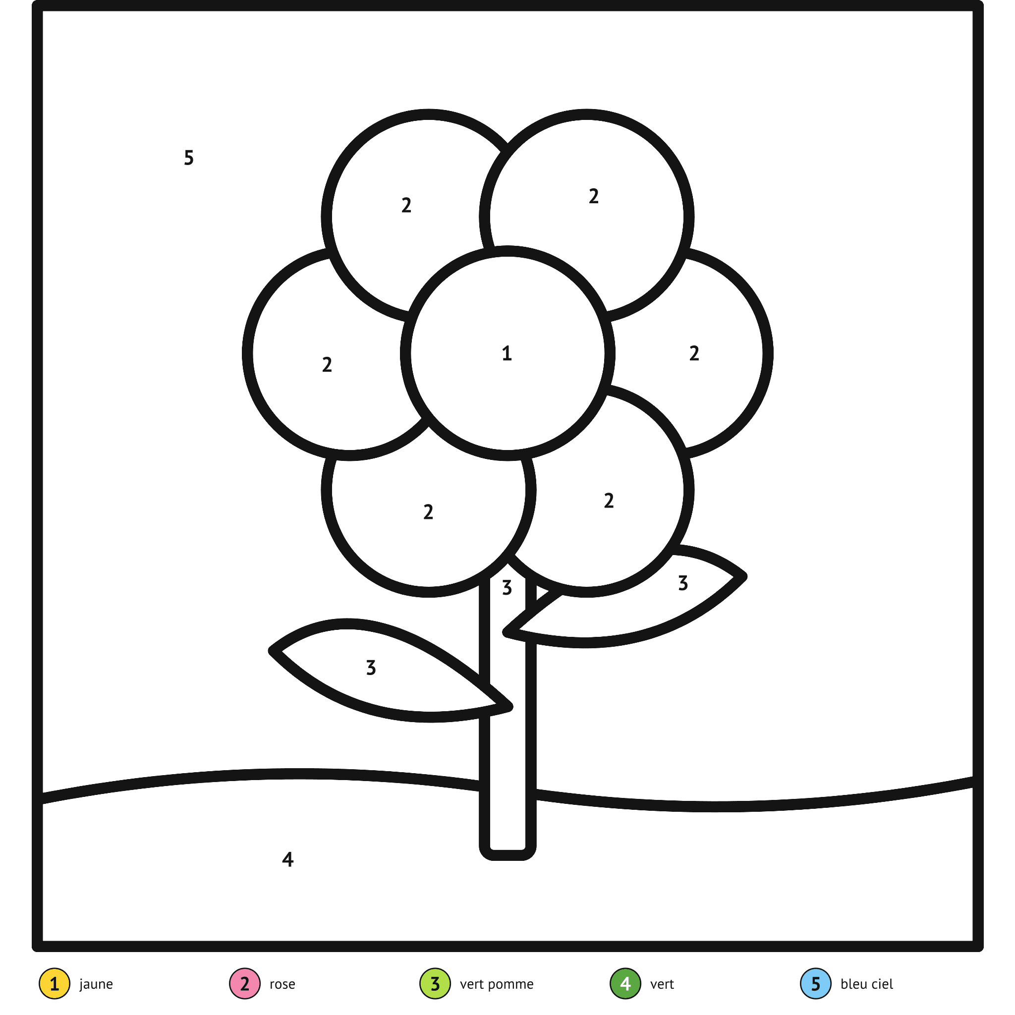 Coloriage magique à imprimer, la fleur : zones numérotées et légende de couleurs
