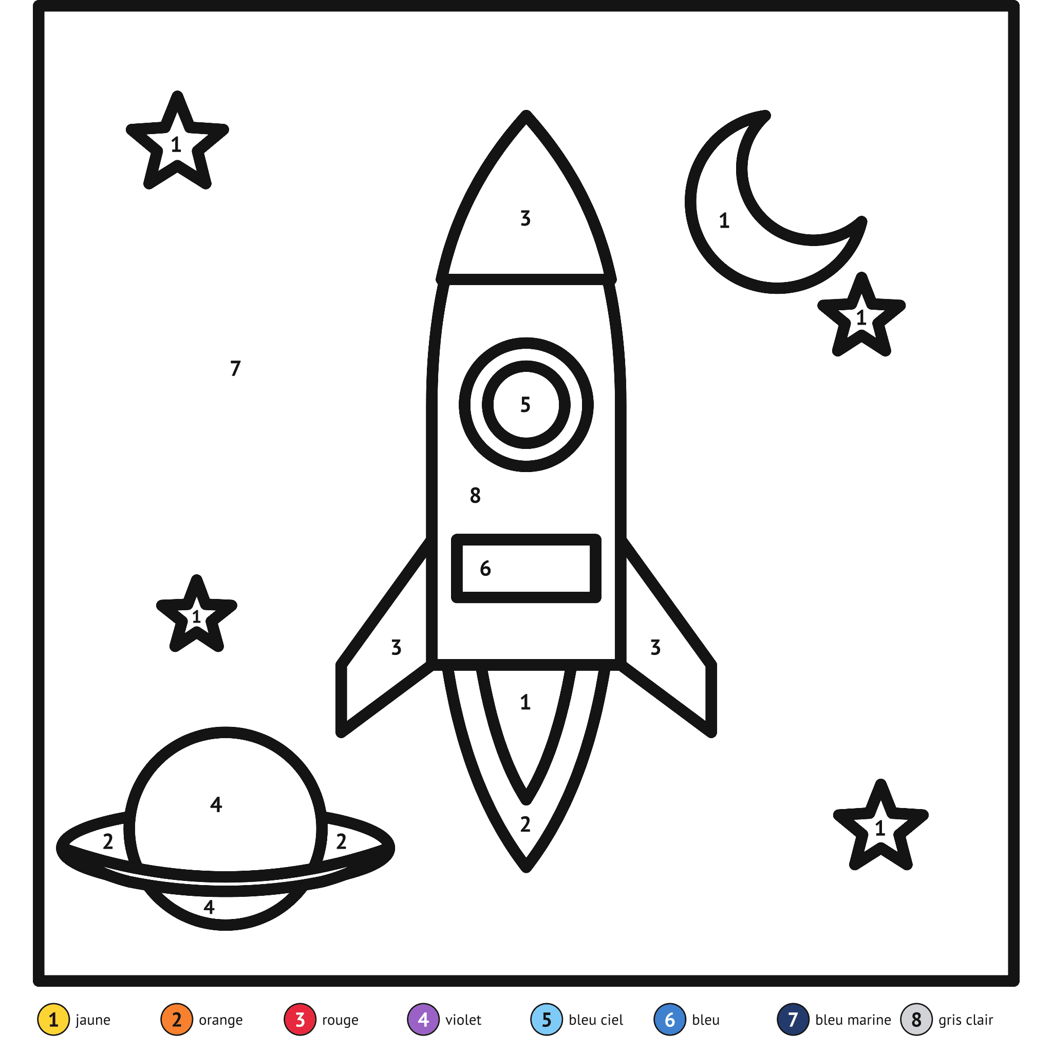 Coloriage magique à imprimer, la fusée : zones numérotées et légende de couleurs