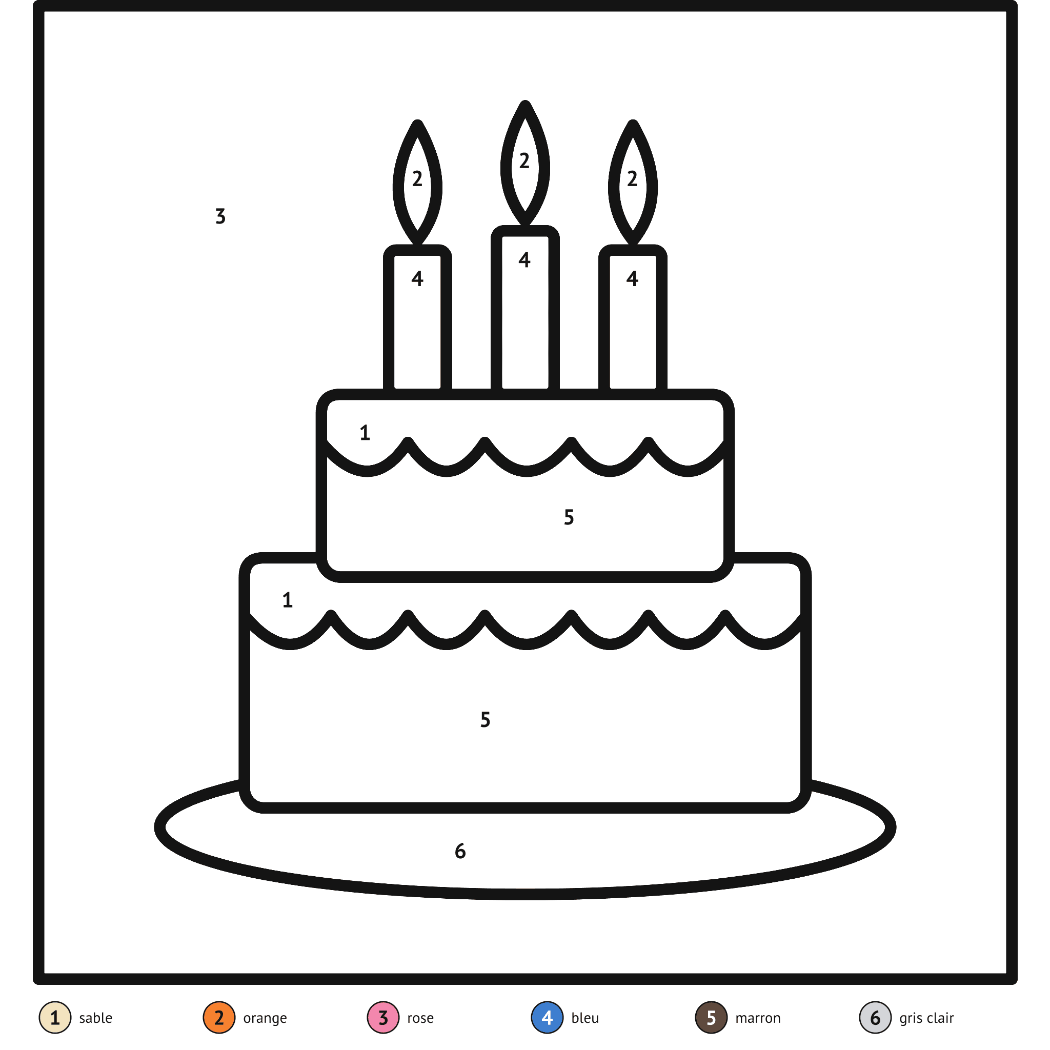 Coloriage magique à imprimer, le gâteau : zones numérotées et légende de couleurs