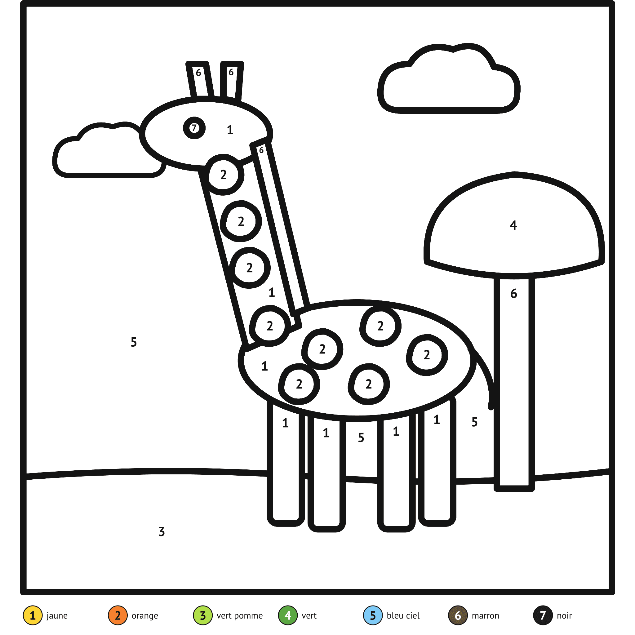Coloriage magique à imprimer, la girafe : zones numérotées et légende de couleurs