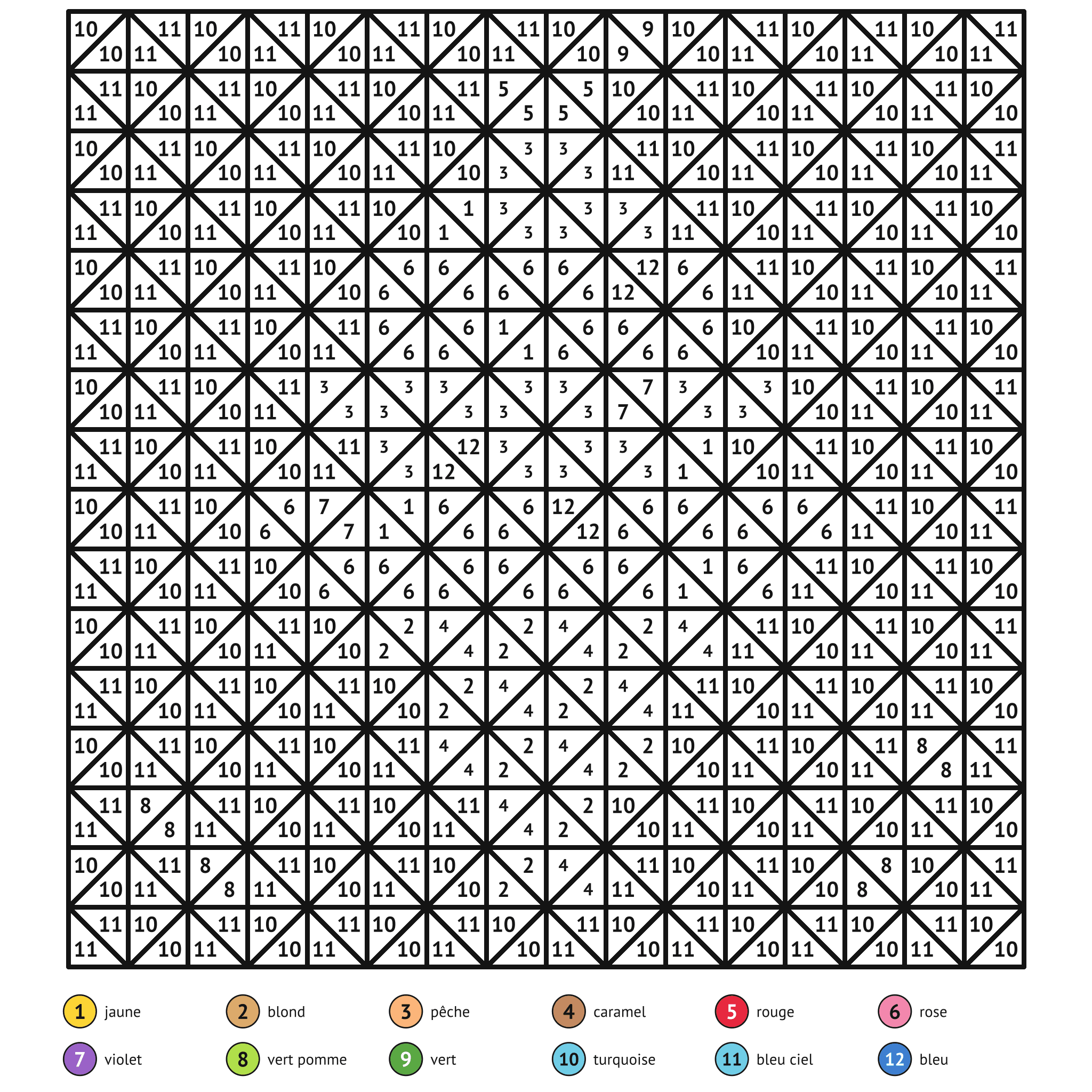 Coloriage magique à imprimer, la glace italienne : zones numérotées et légende de couleurs