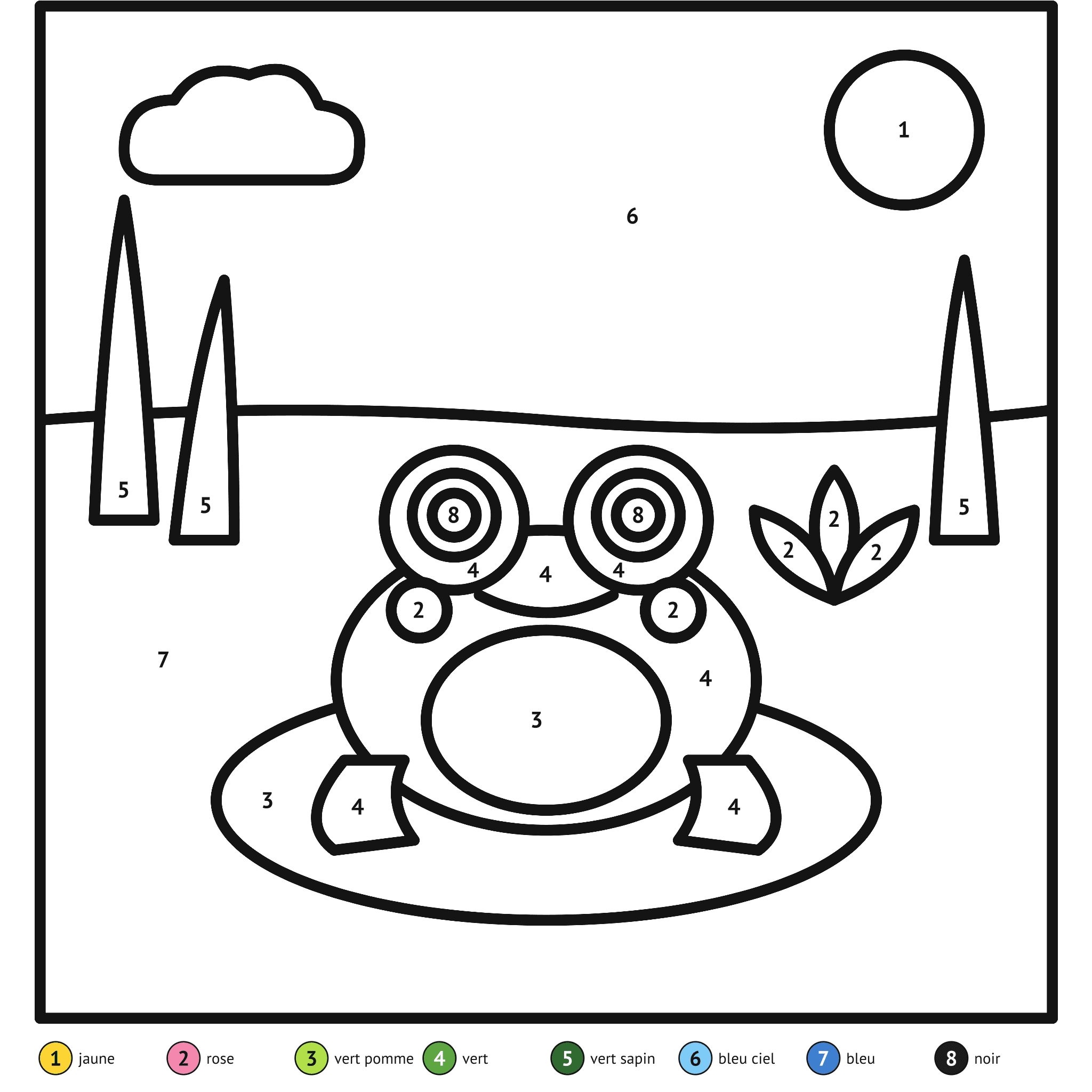 Coloriage magique à imprimer, la grenouille : zones numérotées et légende de couleurs