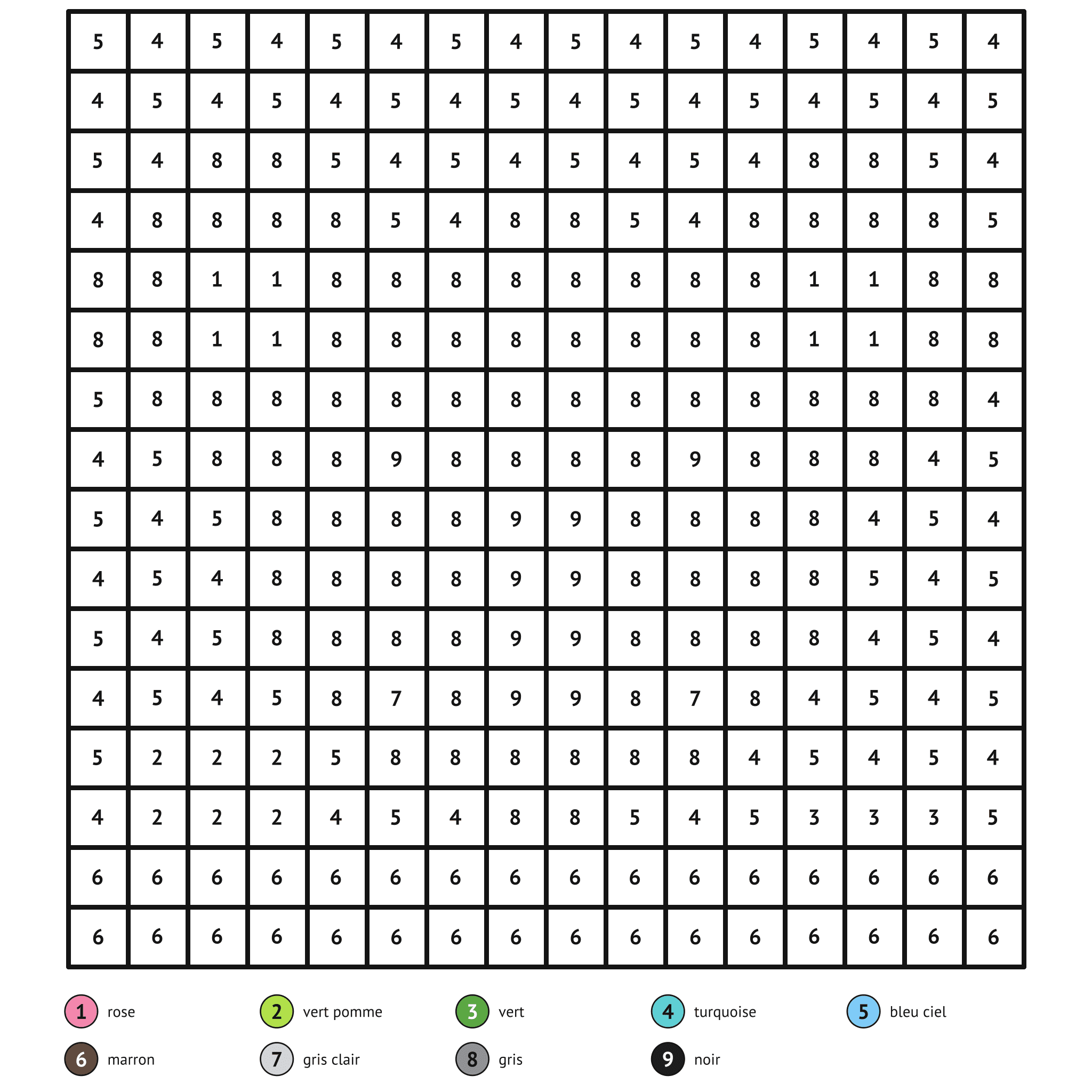 Coloriage magique à imprimer, le koala : zones numérotées et légende de couleurs