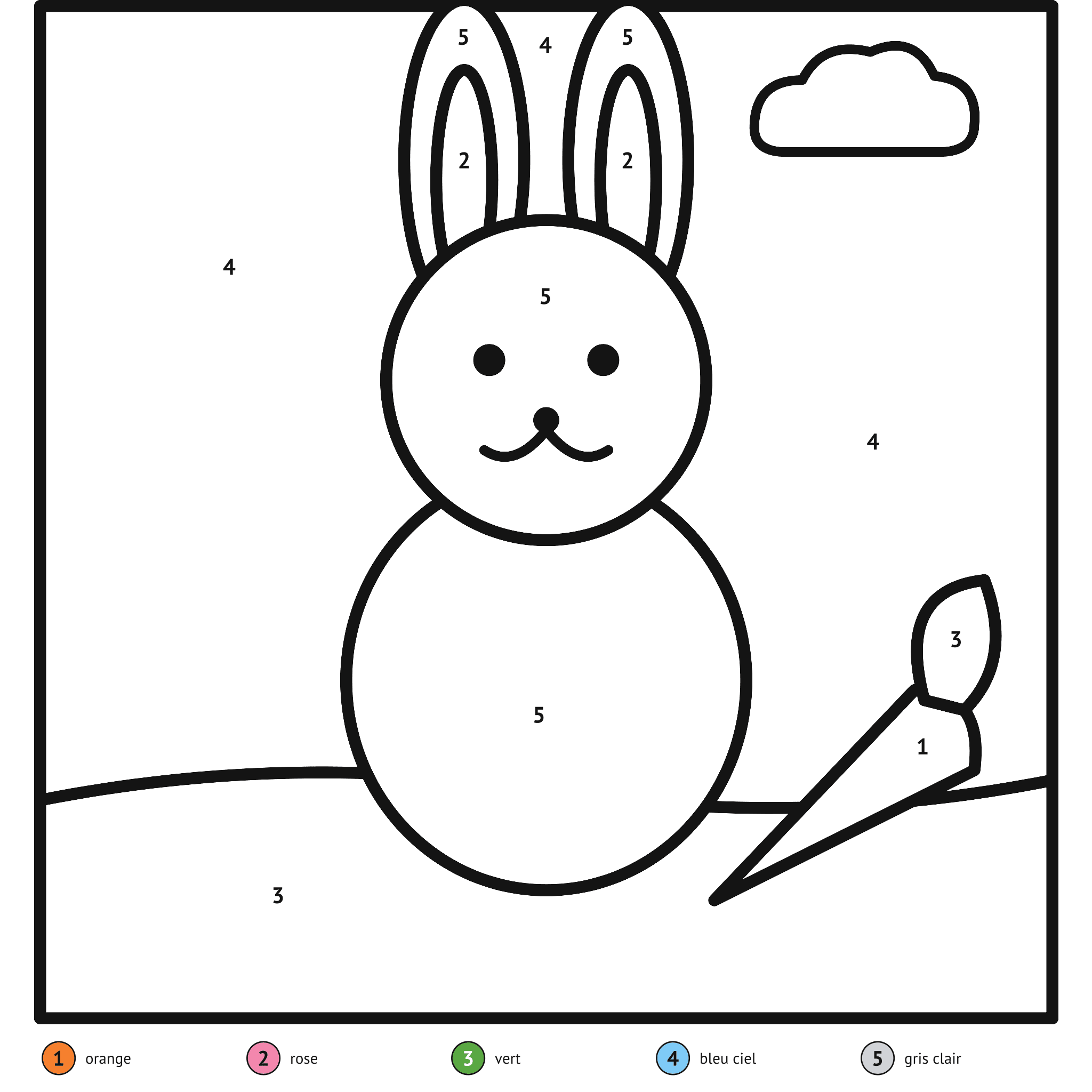Coloriage magique à imprimer, le lapin : zones numérotées et légende de couleurs