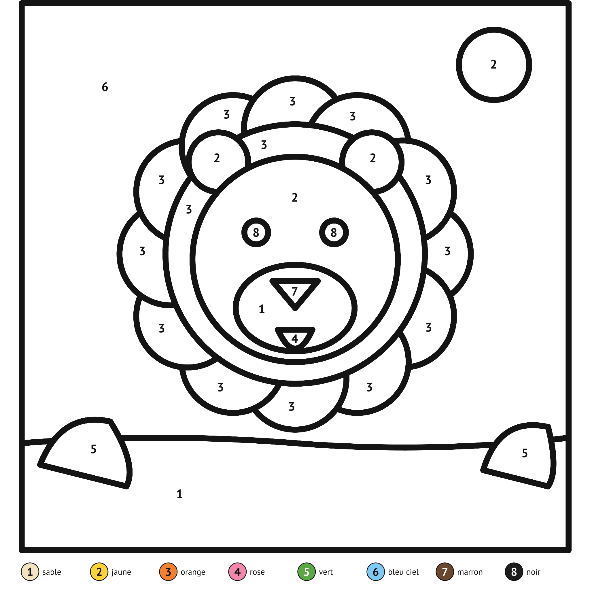 Coloriage magique à imprimer, le lion : zones numérotées et légende de couleurs