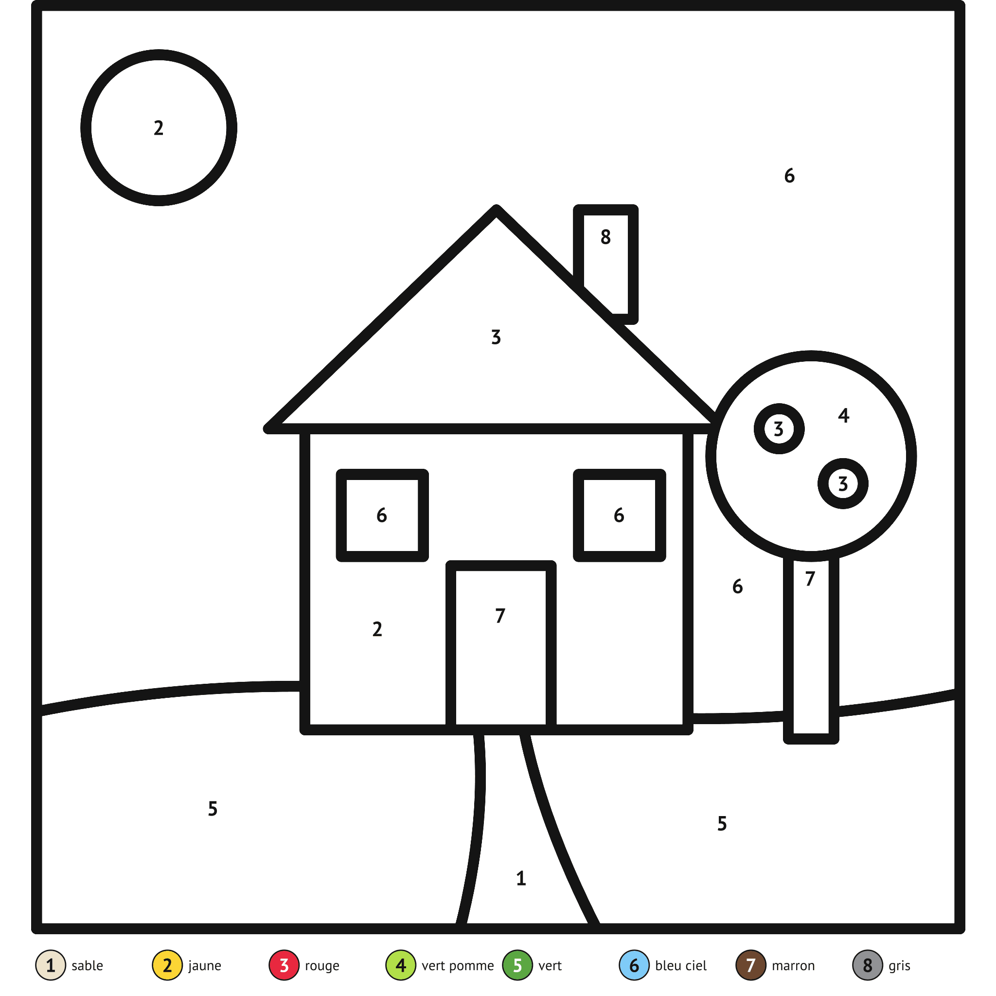 Coloriage magique à imprimer, la maison : zones numérotées et légende de couleurs