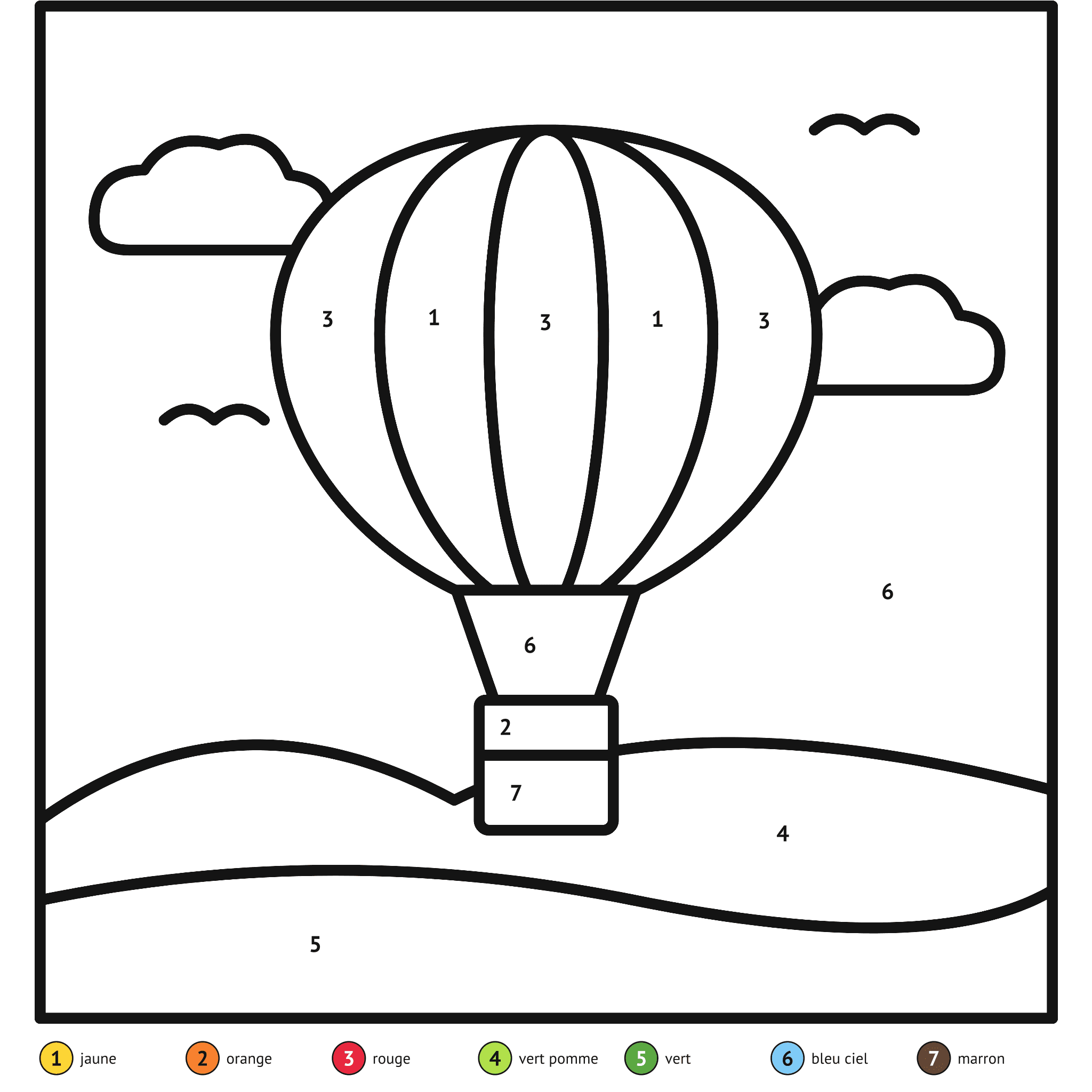 Coloriage magique à imprimer, la montgolfière : zones numérotées et légende de couleurs