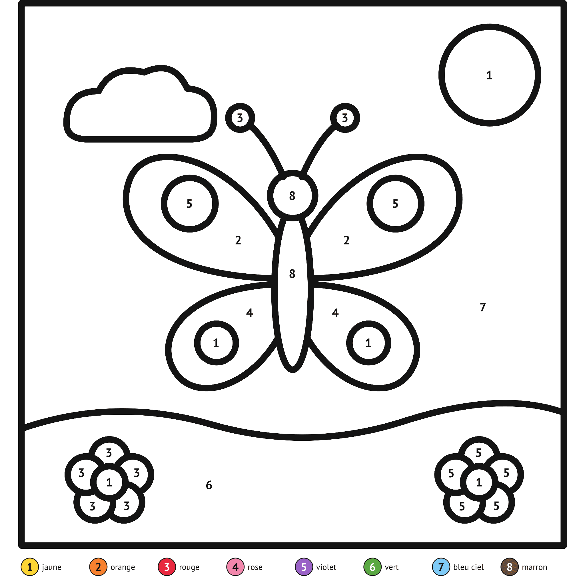 Coloriage magique à imprimer, le papillon : zones numérotées et légende de couleurs