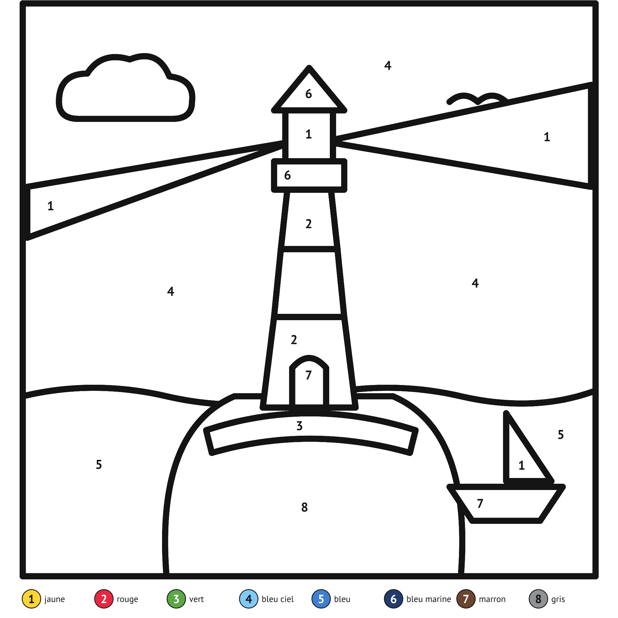 Coloriage magique à imprimer, le phare : zones numérotées et légende de couleurs