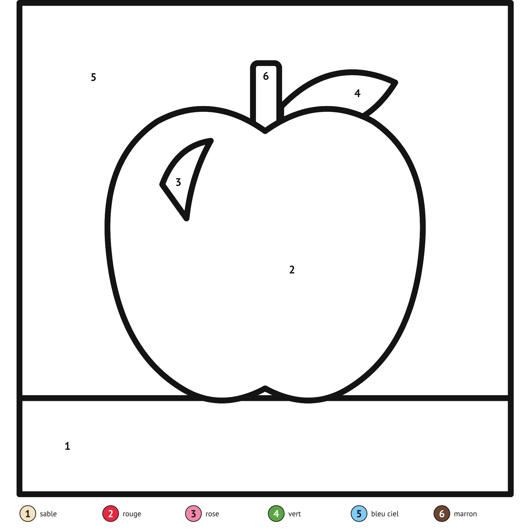 Coloriage magique à imprimer, la pomme : zones numérotées et légende de couleurs