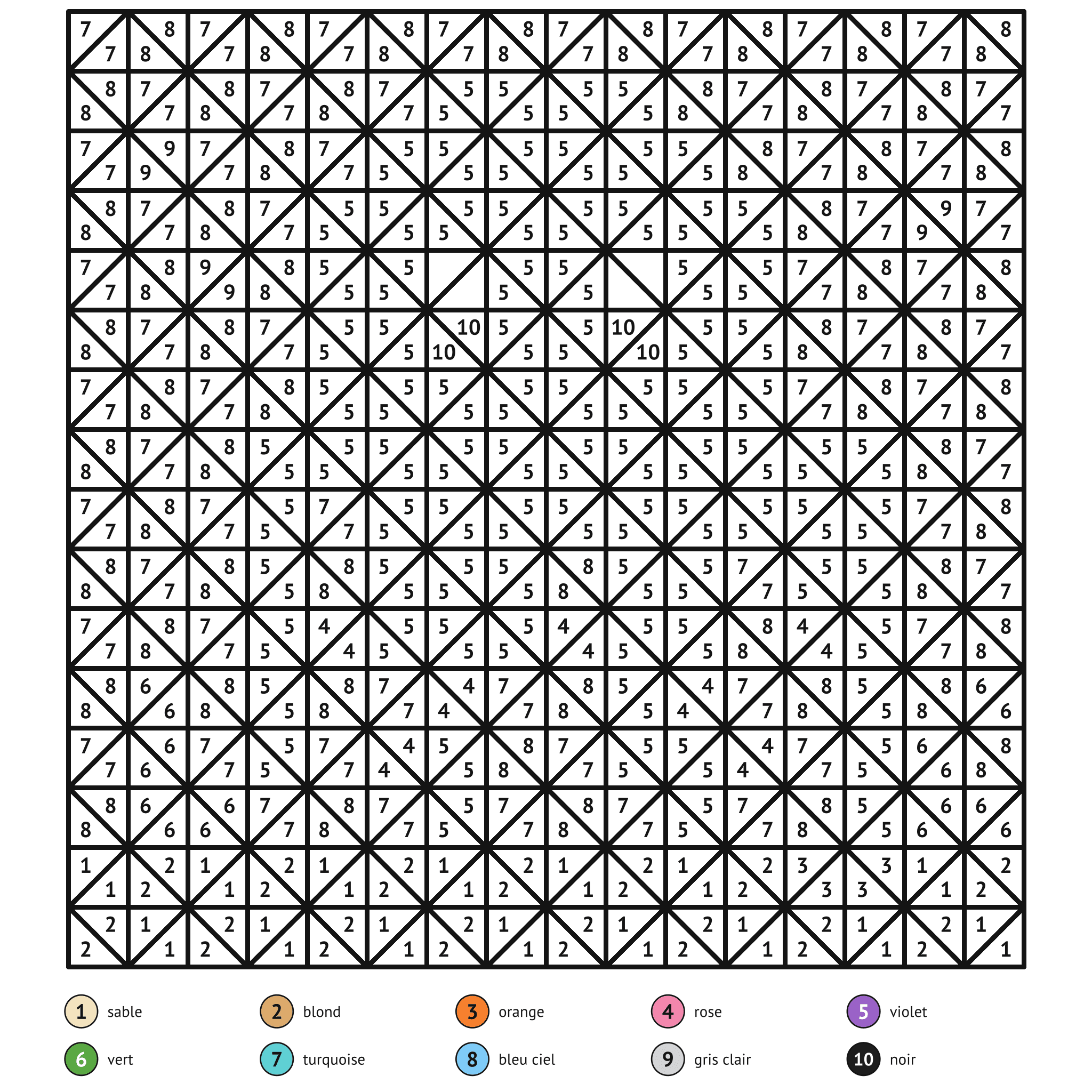 Coloriage magique à imprimer, le poulpe : zones numérotées et légende de couleurs