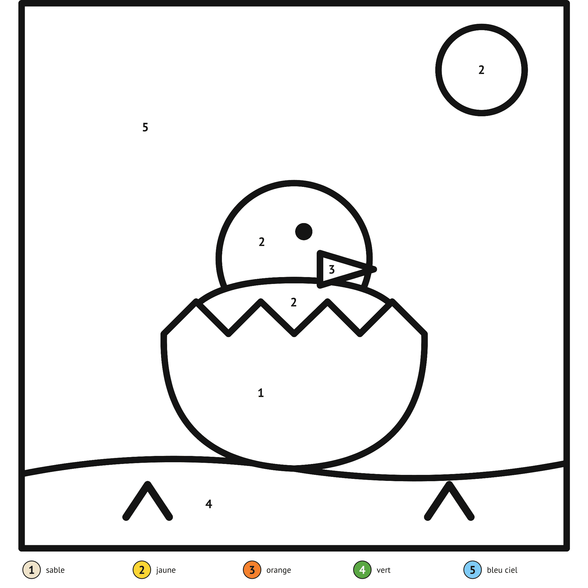 Coloriage magique à imprimer, le poussin : zones numérotées et légende de couleurs