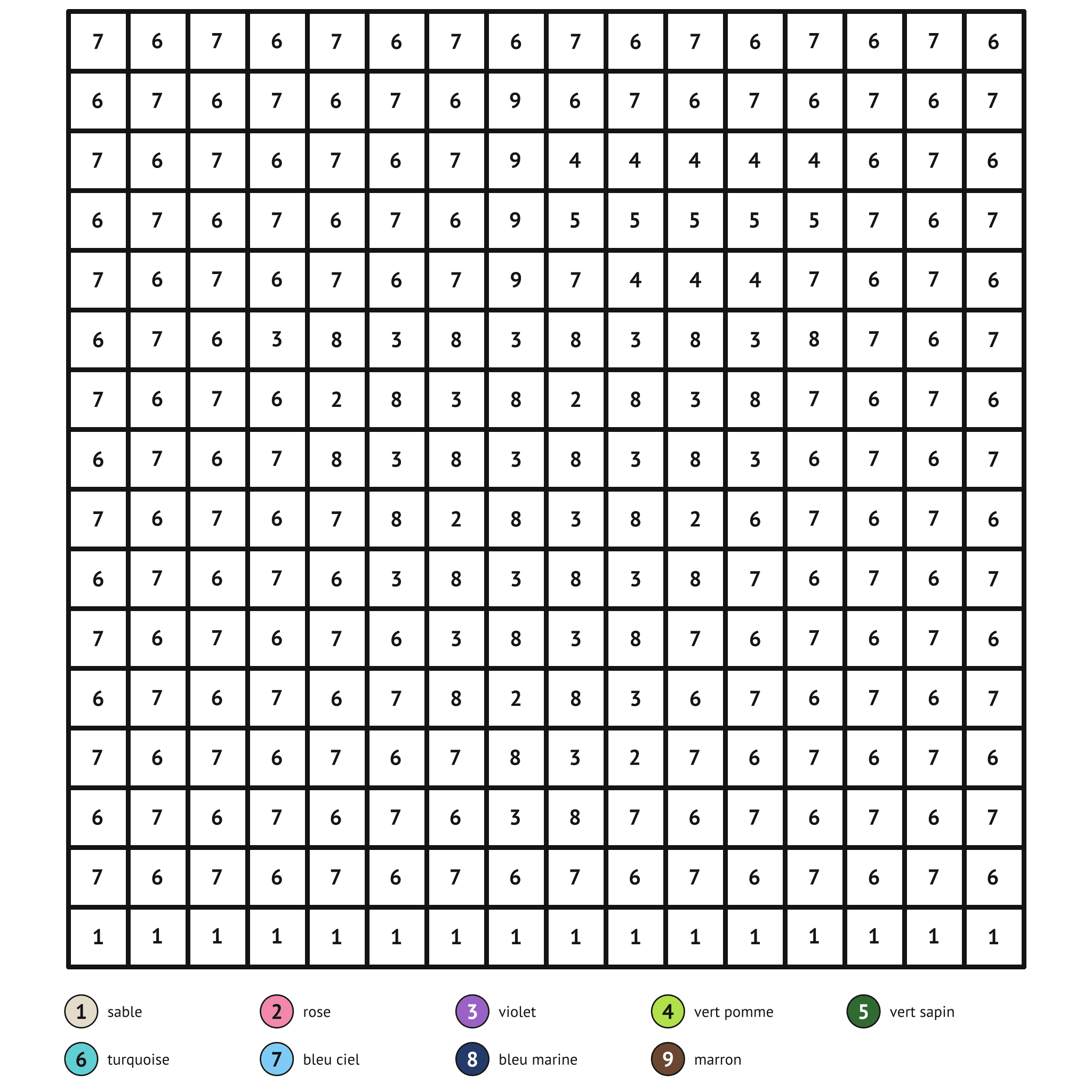 Coloriage magique à imprimer, le raisin : zones numérotées et légende de couleurs