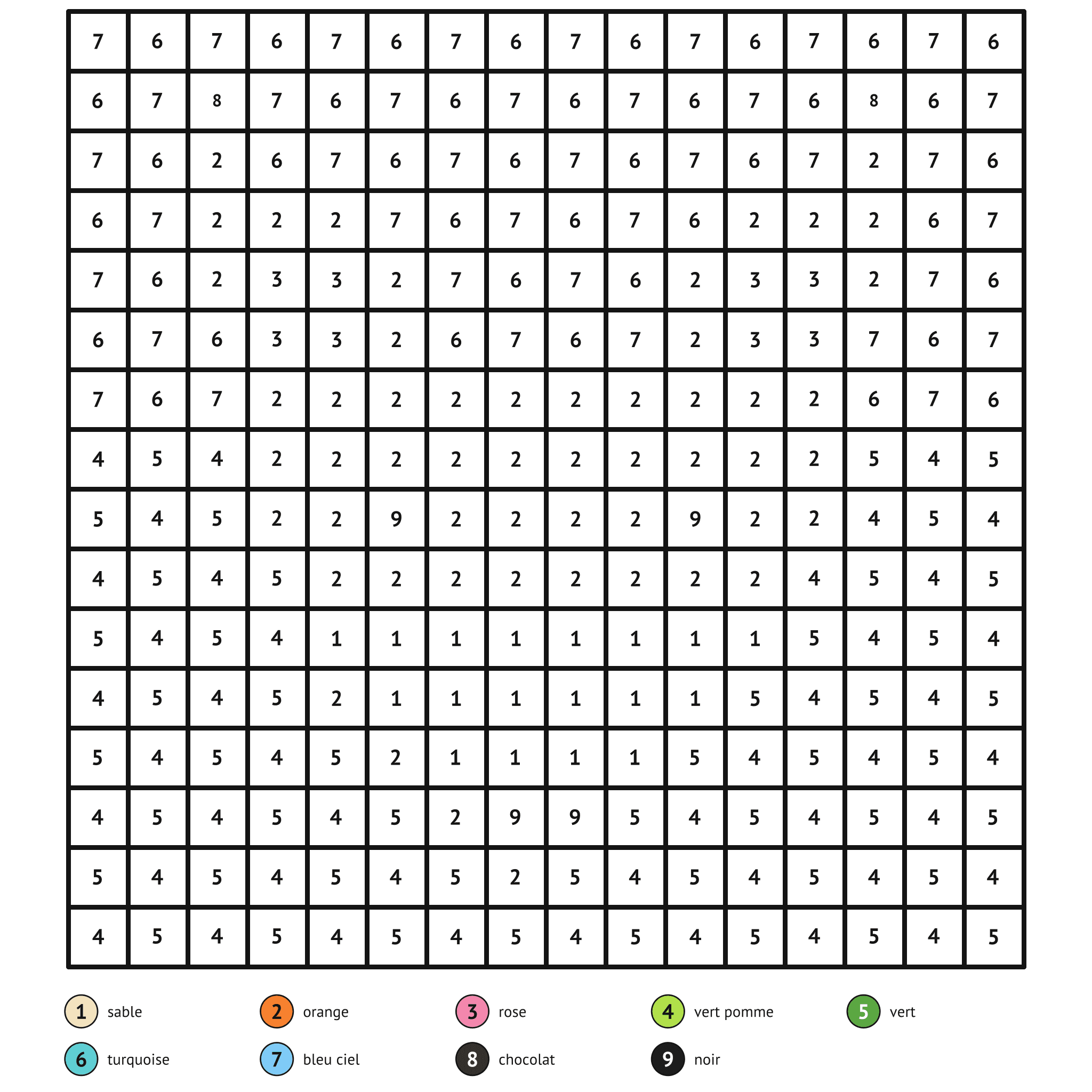 Coloriage magique à imprimer, le renard : zones numérotées et légende de couleurs