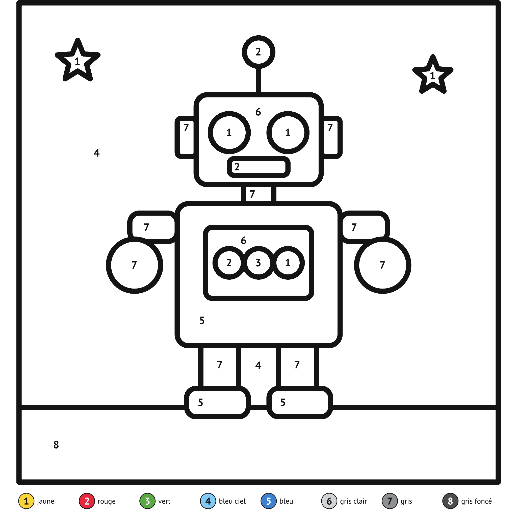 Coloriage magique à imprimer, le robot : zones numérotées et légende de couleurs